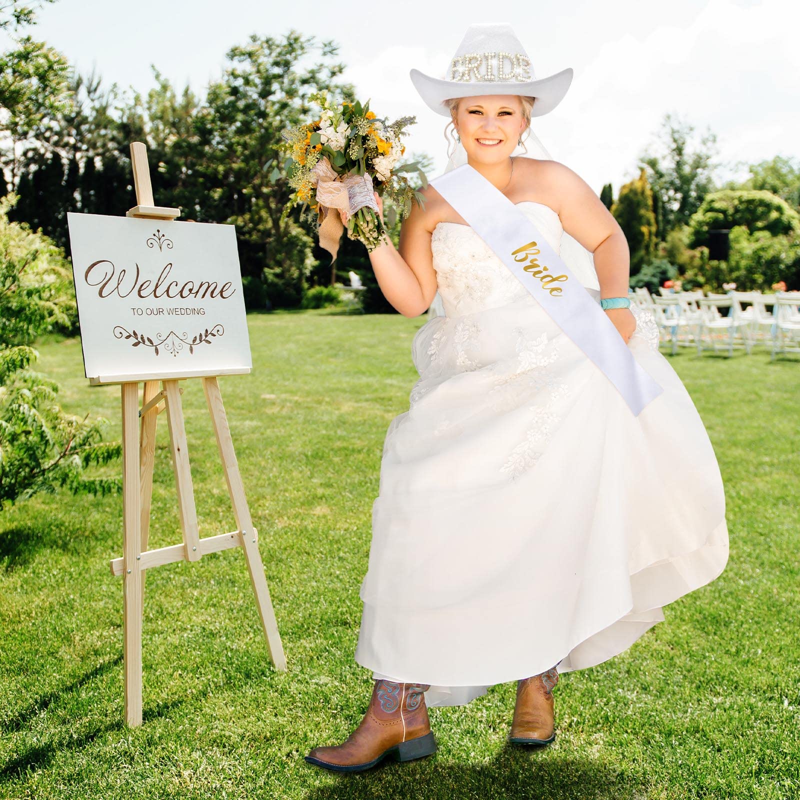 SATINIOR Bride Cowgirl Hat with Veil White Cowboy Hat with Bride Sash for Bachelorette Party Country Wedding Decoration Bridal Shower Engagement Party