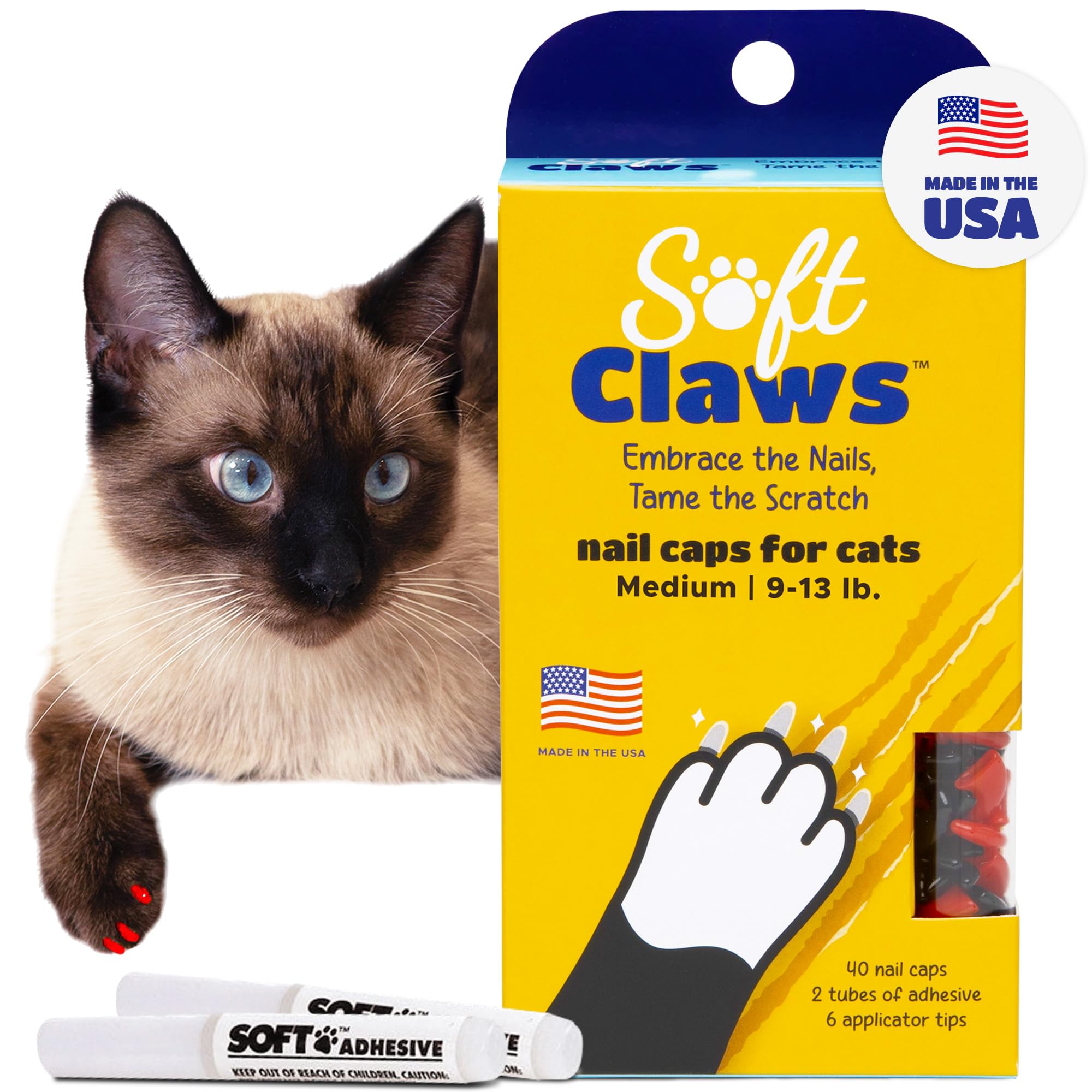 Soft Claws Cat Nail Caps for Medium Cats – (40 Caps, Red &amp; Black) - Made in USA - Veterinarian-Developed | Protects Furniture &amp; Skin - Easy to Apply, Long-Lasting Anti-Scratch Soft Cat Claw Covers