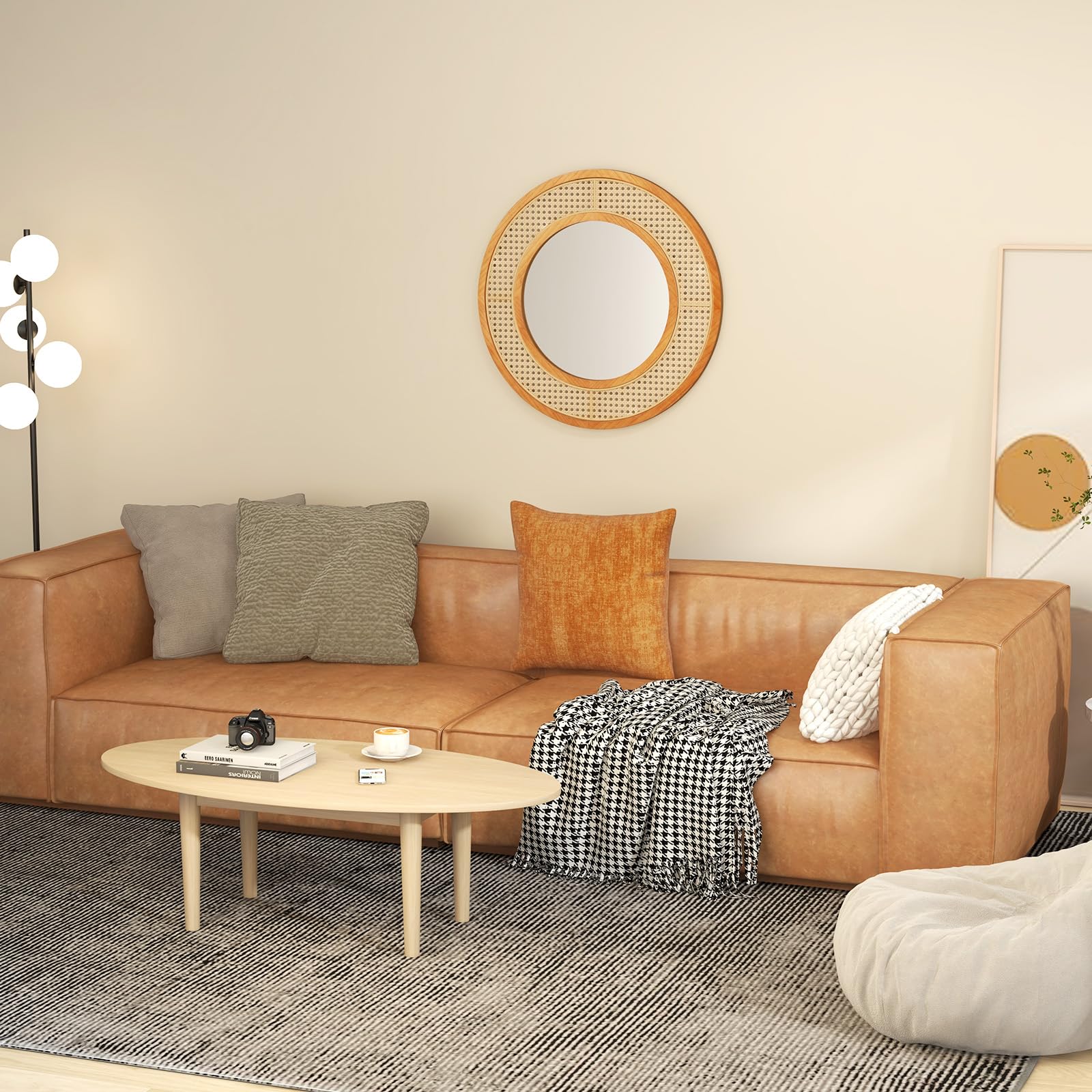 GOPLUS Espejo de Pared de Ratán, Espejo Redondo Bohemio de 65 cm con Marco de Madera, Vidrio de Aluminio, Espejo Decorativo Rústico para Sala, Dormitorio, Entrada, Baño, Instalación Fácil, Natural