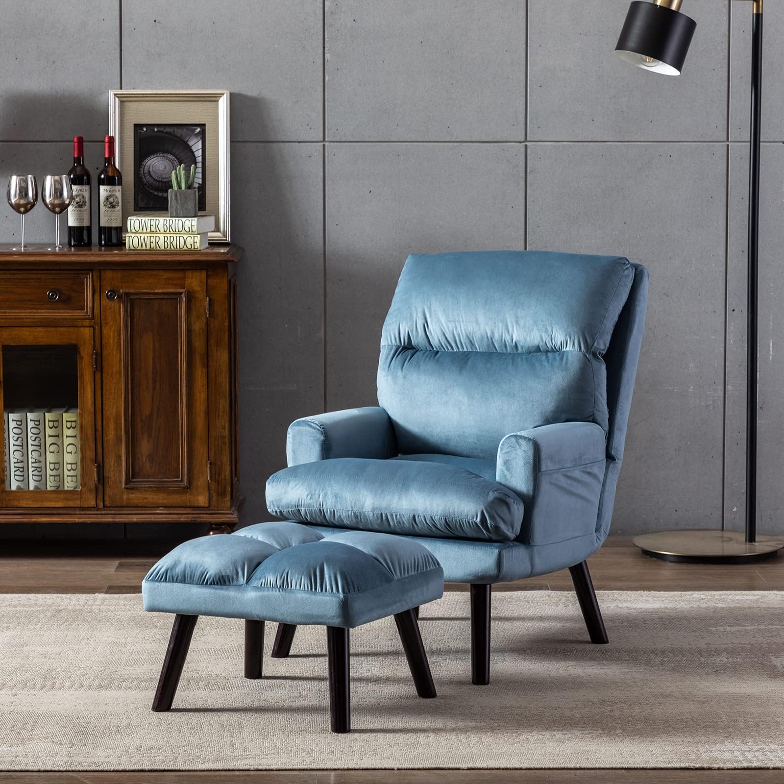 ANJHOME Modern Accent Chair with Ottoman, Upholstered Lounge Reclining Armchair with Adjustable Backrest and Side Pockets, Leisure Armrest Living Room Chairs, Blue