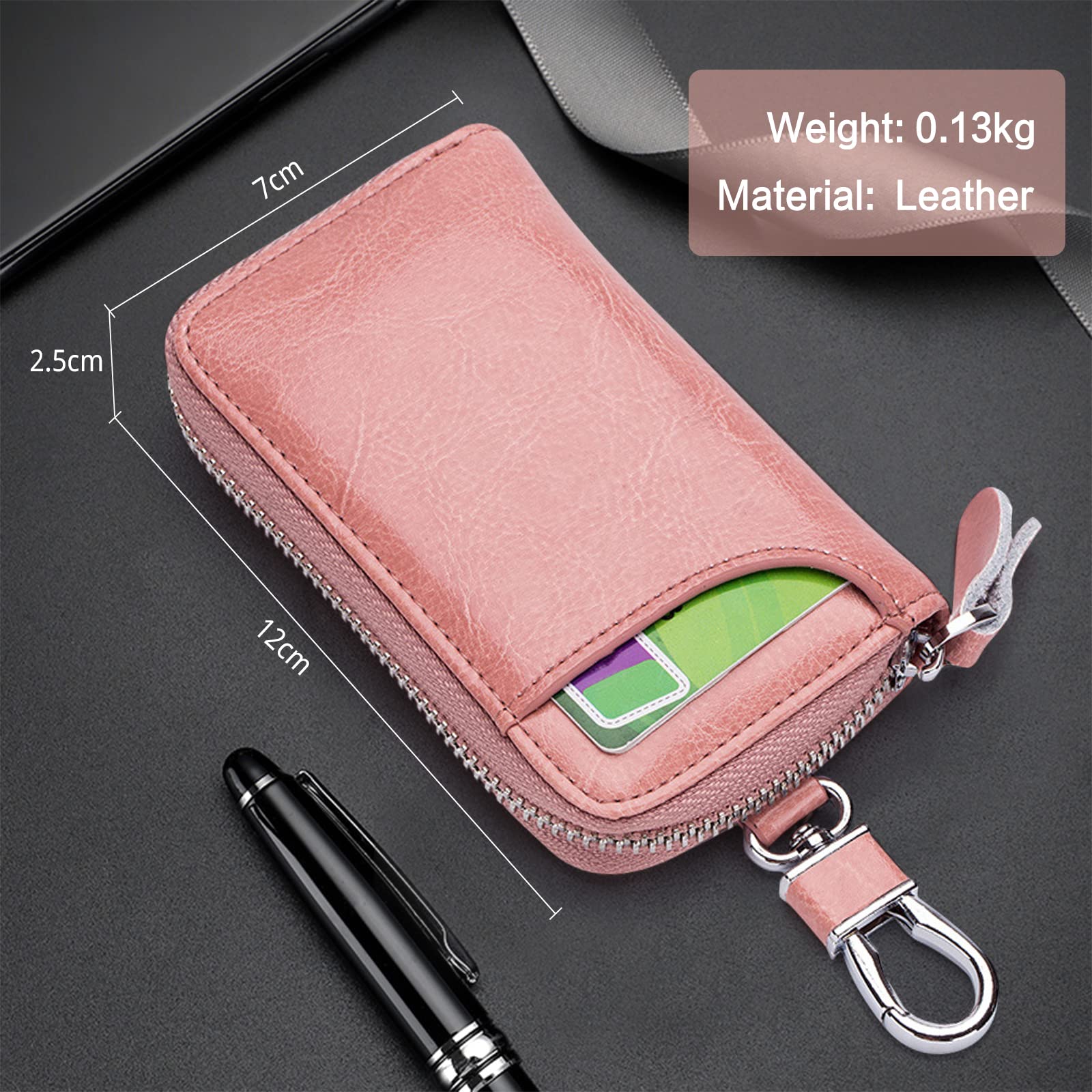 Etuis Porte Clés Véritable Cuir Pochette Porte Cles Voiture Clé Cas Porte-Monnaie Portable Key Case avec 6 Crochet Clip pour Hommes Femme Rose