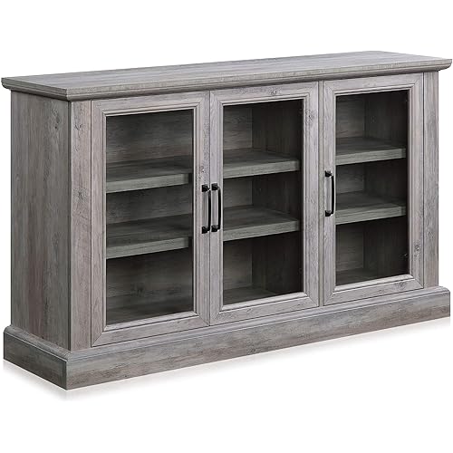 BELLEZE Sideboard Buffet Cabinet, 55” Entertainment Center Modern Wood Glass-Buffet-Sideboard with Storage Cabinet Console Table Adjustable Shelves for Dinning Room Living Room Hallway, Gray Wash