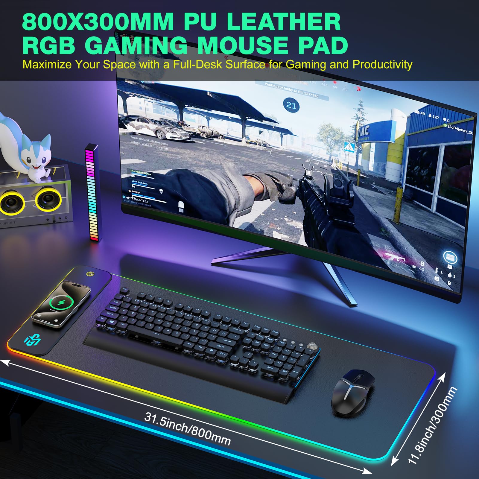 Tappetino per mouse da gioco RGB in pelle PU con ricarica wireless magnetica da 15 W, tappetino per mouse a LED 800 x 300 x 4 mm, 10 modalità di illuminazione, base in gomma antiscivolo per PC MacBook