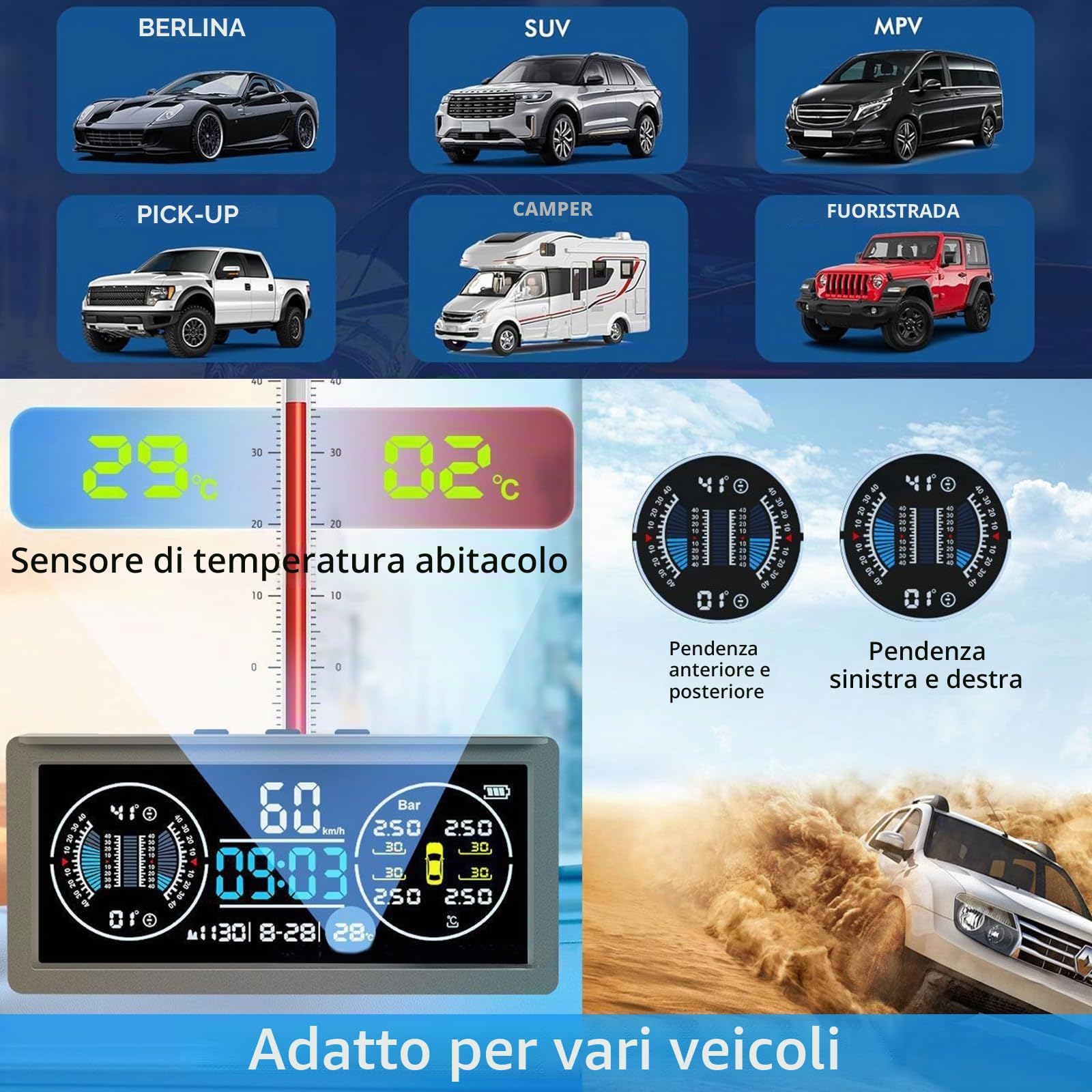 Sistema multifunzionale di monitoraggio della pressione dei pneumatici, TPMS con 4 sensori esterni, ricarica solare, monitor di velocità universale con display LCD a colori, 9,9 BAR/199 PSI