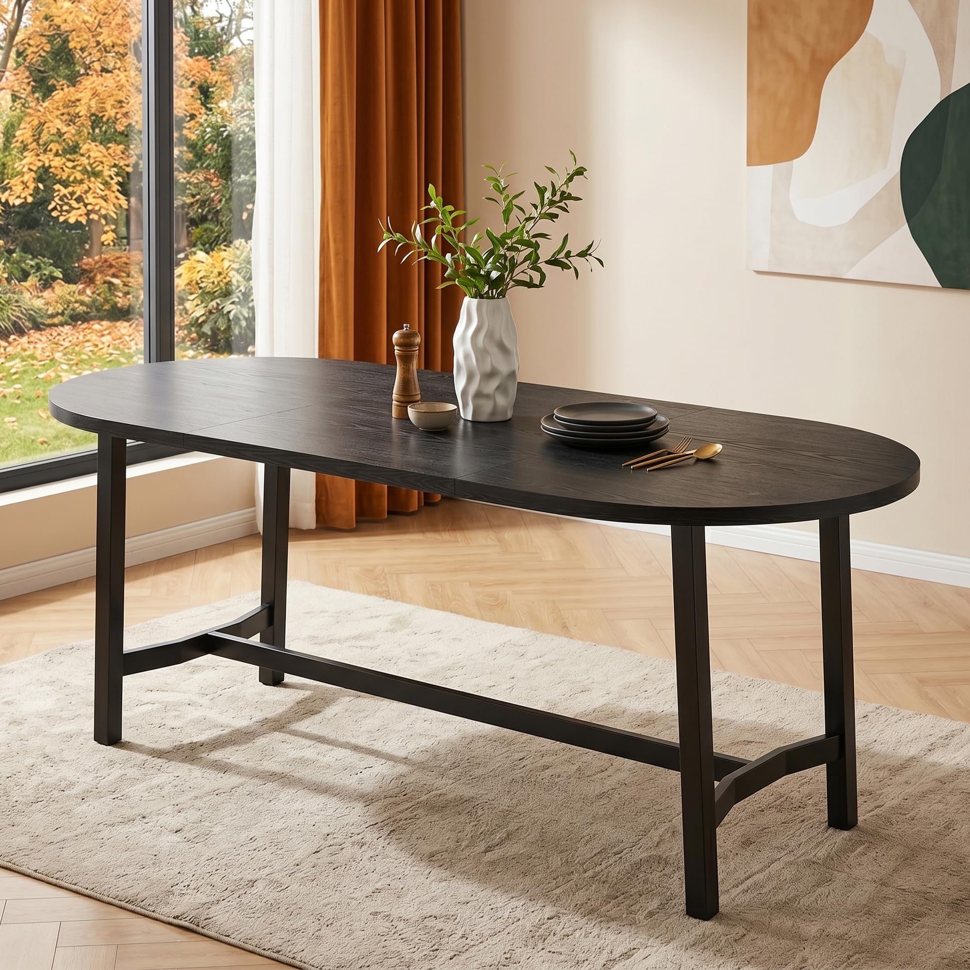 Tavolo da pranzo 180 x 80 x 75 cm, adatto per 6-8 persone, con angoli arrotondati, tavolo da pranzo in stile semplice, gambe in ferro, nero