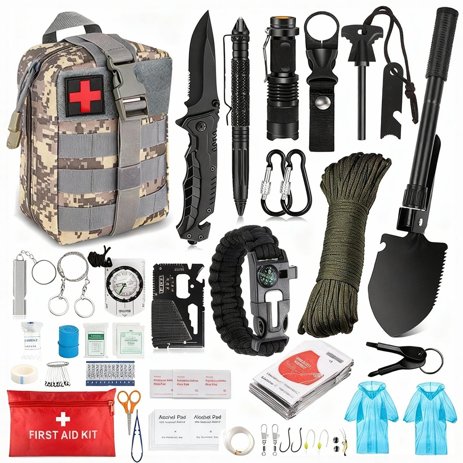 30-in-1 Überlebensset mit Klappspaten, Notzelt, LED-Lampe & 4L-Rucksack - Komplettausrüstung für Familie, Camping und Outdoor-Abenteuer