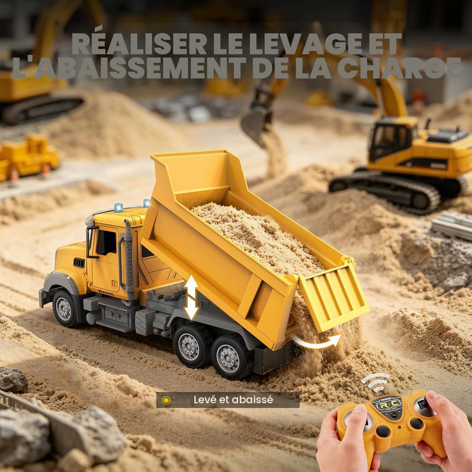 YESHIN Camion benne RC télécommandé 1:24, camion de chantier télécommandé à 6 canaux avec lumière, télécommande 2,4 GHz, benne basculante électrique, véhicule de chantier tout-terrain, jouet pour