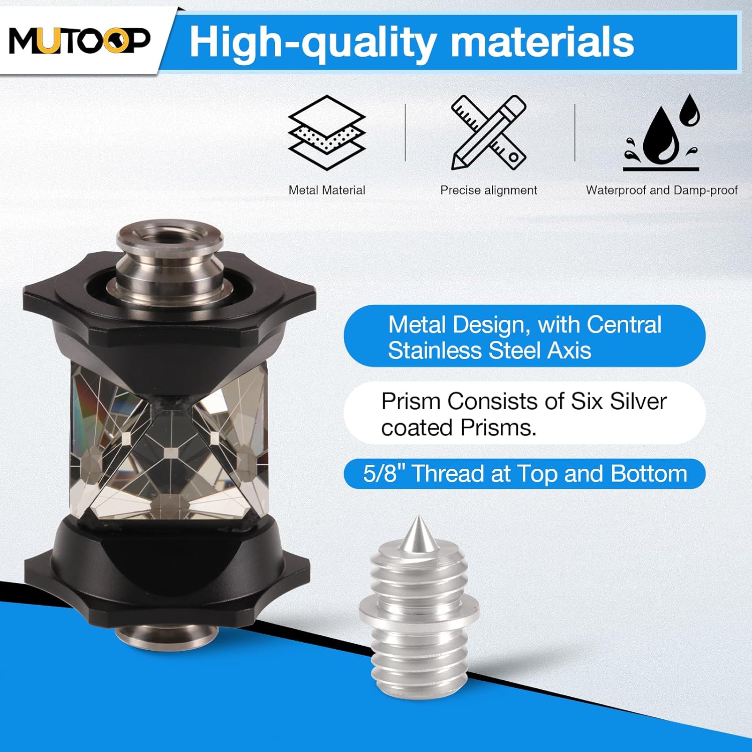 ATP1M 360 Degree Surveying Prism for Total Station Surveying Equipment | Metal 360 Prism with Central Stainium Steel Axis, 7mm Constant, 5/8" Thread & ±1.5mm Accuracy