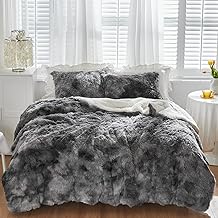 Uozzi Bedding Faux Fur Plush Shaggy Comforter Set Queen Alternative Microfiber, Ultra Soft Warm Duvet Set All Season Luxury 3 Piece Fur Comforter +2 Pillow Cases (Black White, Queen)