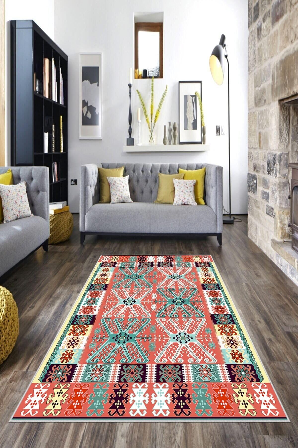 Pelangi Etnik Kilim Desen Bohem Stil Dijital Baskılı Yıkanabilir Kaymaz Taban Modern Salon Halısı, Pembe-Turkuaz 40 x 40