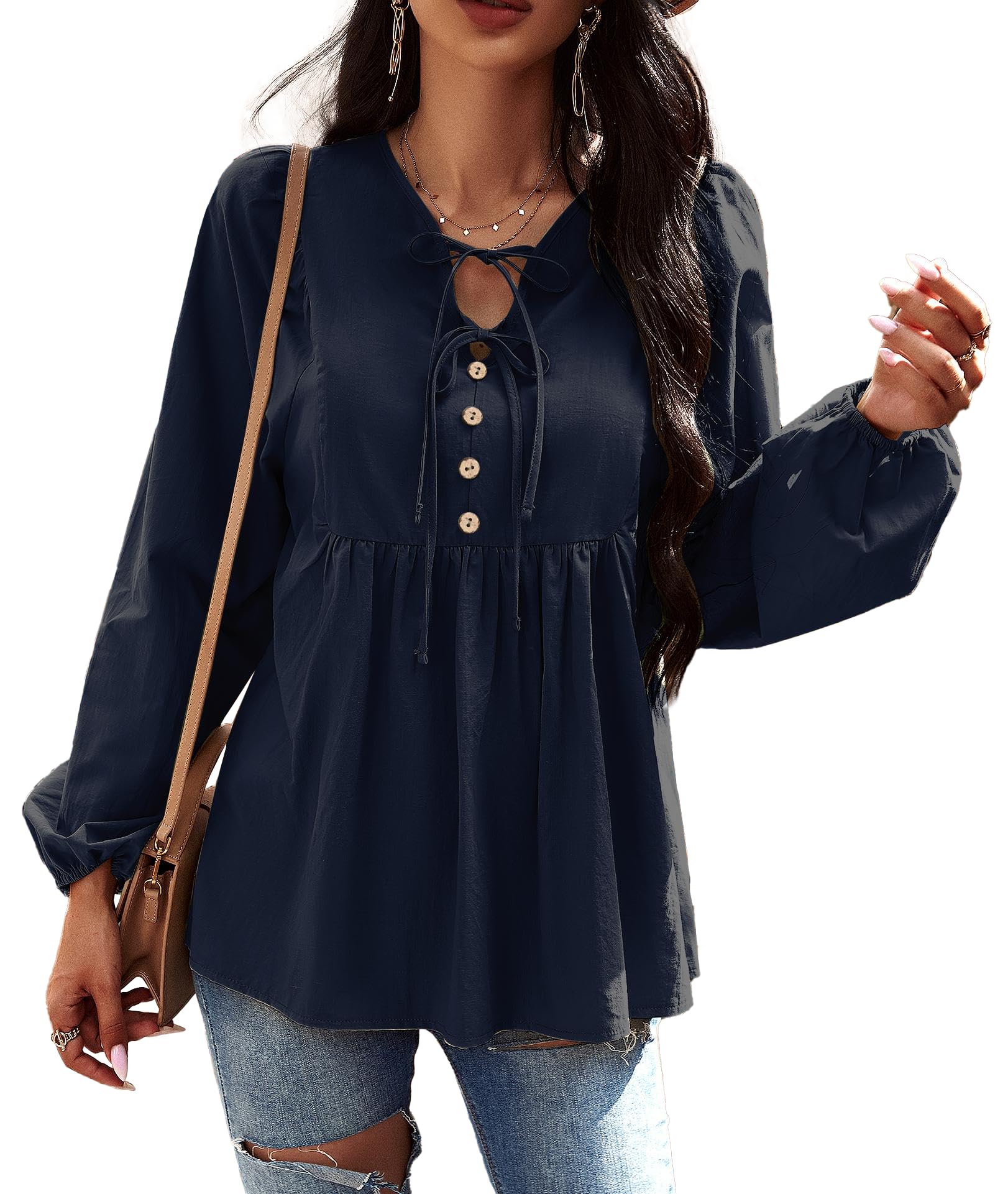 VOGMATE Damen Bluse Langarm Tunika Elegant Modische Baumwolle Oberteile Krawatten V-Ausschnitt Longshirt Locker Top