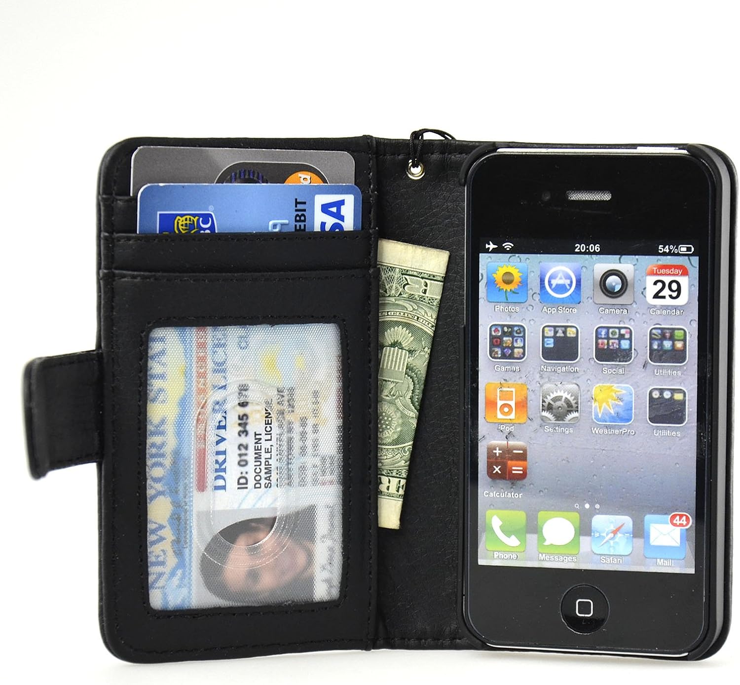 Navor Folio Wallet Case for iPhone 4 4S Pockets for Cards & Money, Clear Window Slot for License ID (Black)