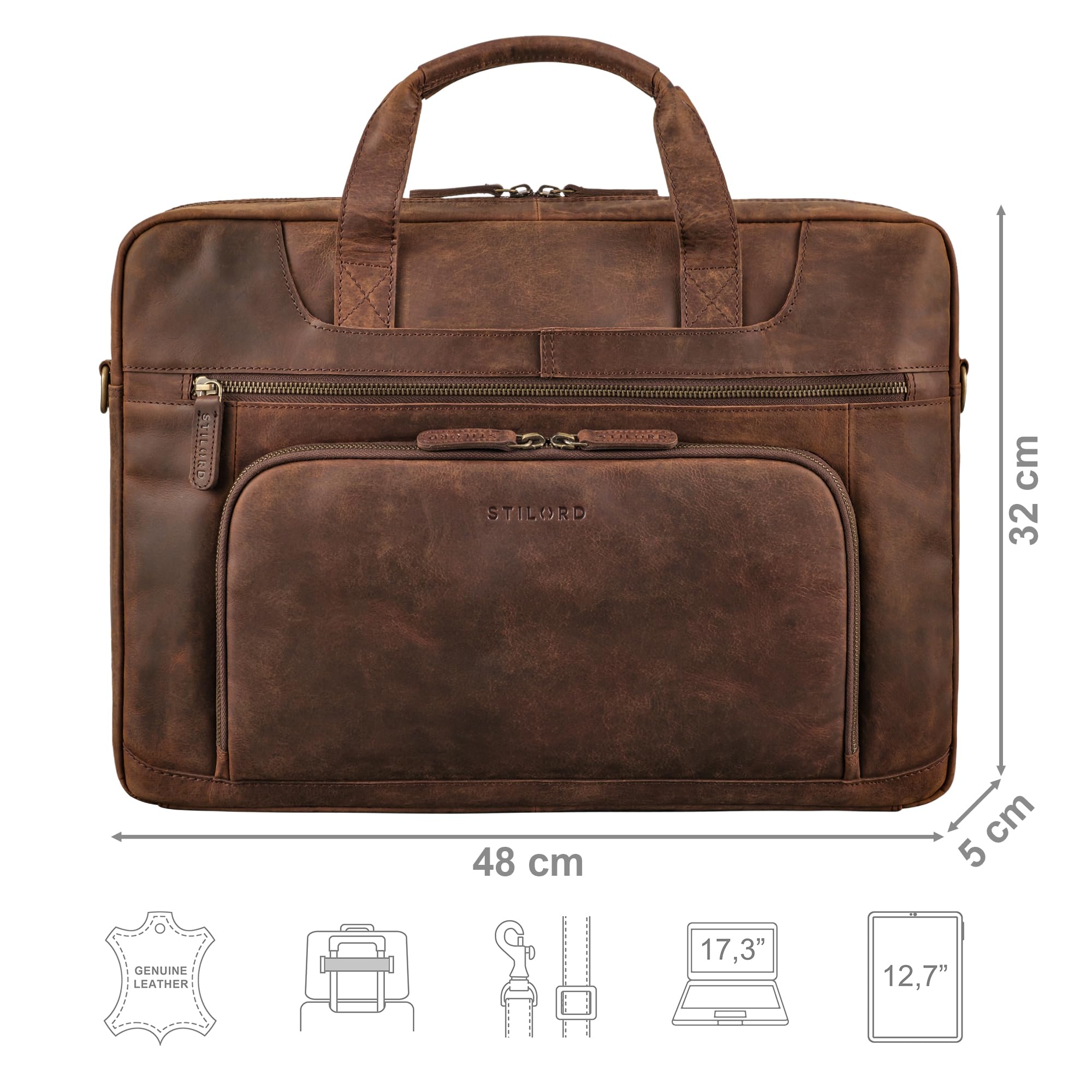 STILORD 'Cyrus' Vintage Laptoptasche 17 Zoll Leder Herren Groß Business-Tasche Echtleder Umhängetasche für Laptop 17,3 Zoll Arbeit Business Reise