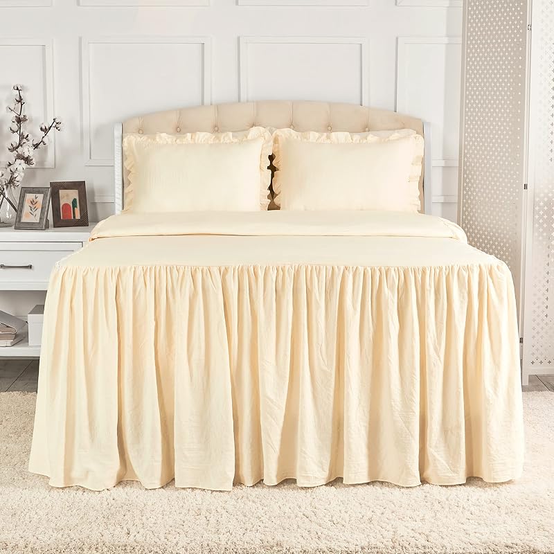 Mellanni Juego de colcha de una sola capa tamaño Queen - 3 piezas | Colcha con volantes y 2 fundas de almohada - Faldón de cama con volantes de 30" para cobertura total - Ropa de cama ultrasuave (Queen, Marfil)