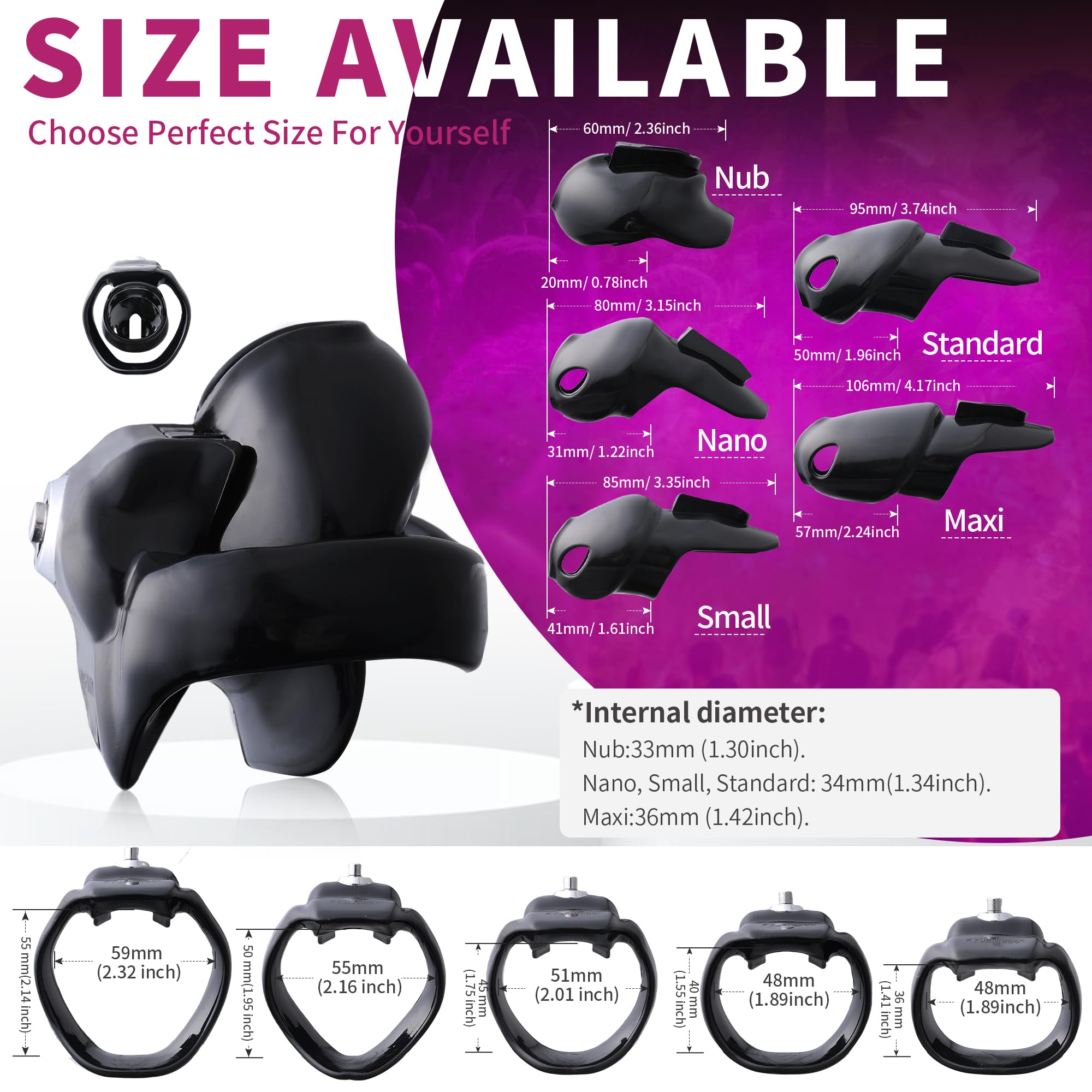 FYJENNICC HT-V5 Male Chastity Cage - Lightweight Resin Male Chastity Cage with Click&Lock Key | Ergonomic Design| Bondage Gear &Adult Sex Toy for Men – Includes 5 Ring Sizes (Black, Standard): Nub Black