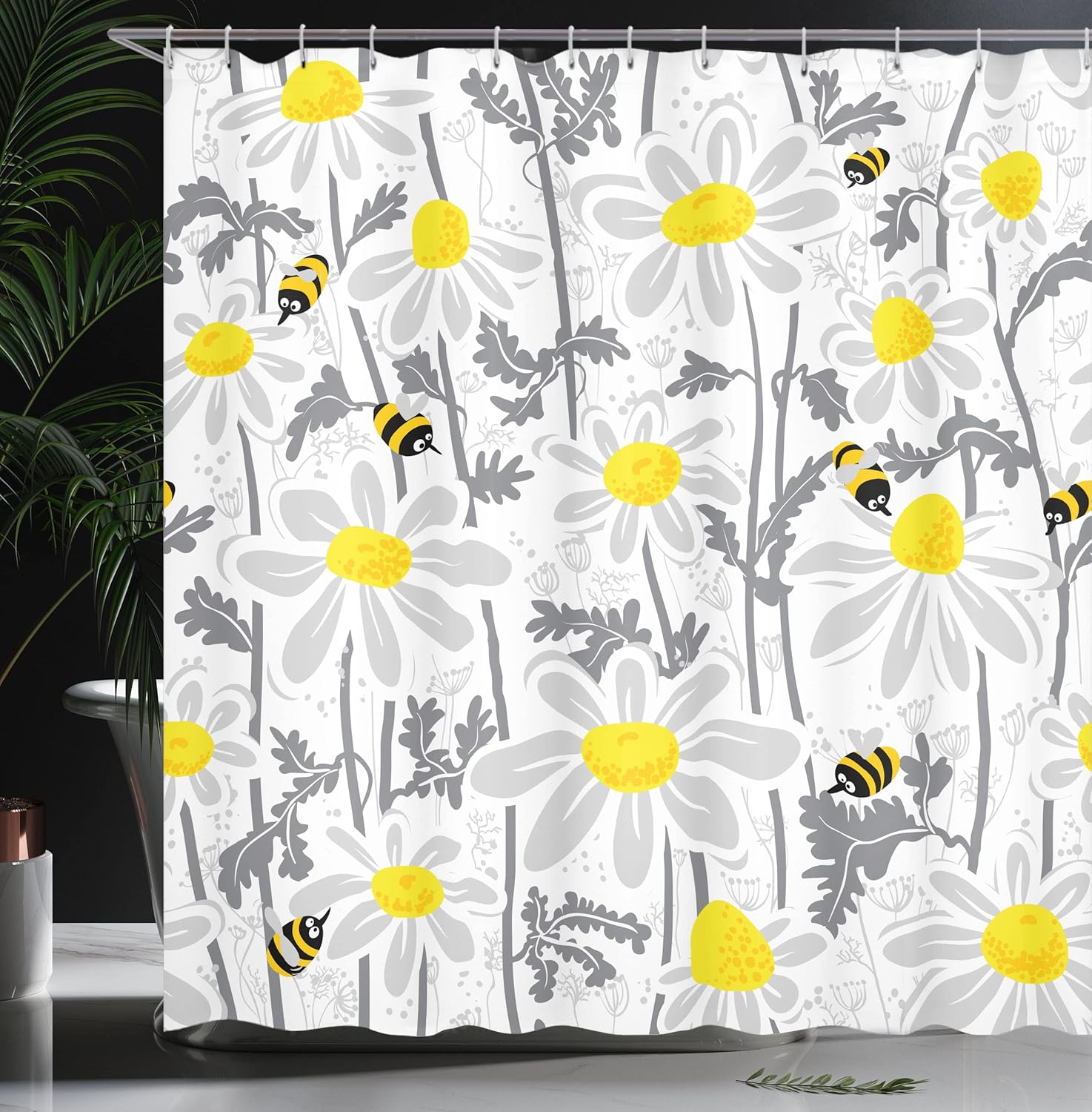 Ambesonne Grey Shower Curtain, Daisy Flowers Bees in Spring Time Honey Petals Floret Nature Purity Blooming, Cloth Fabric Bathroom Decor Set with Hooks, 69" W x 84" L, Yellow White