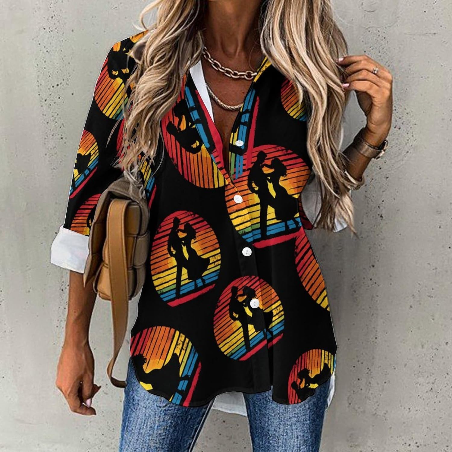 Salsa Dancing Dancer Vintage Women's Long Sleeve Shirt Irregular Hem Shirts Button Down Tops V Neck Tees Blouse