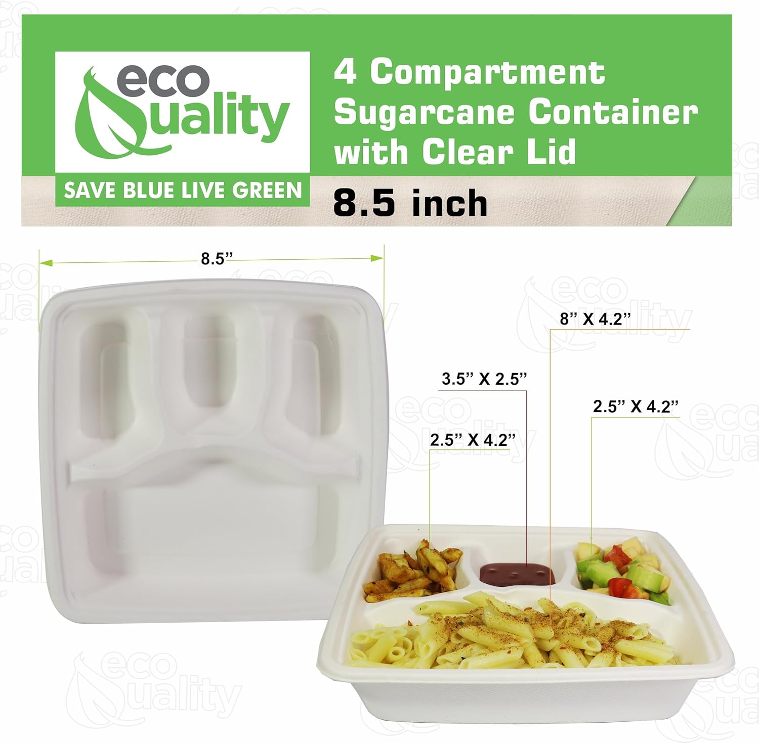 4 Compartment Compostable Food Storage Takeout Container with Clear Lids - Biodegradable, Sugarcane, Plant Fiber, Heavy Duty, Microwavable, Tree Free, Ecofriendly, Lunch Trays, Meal Prep, Bento (25)