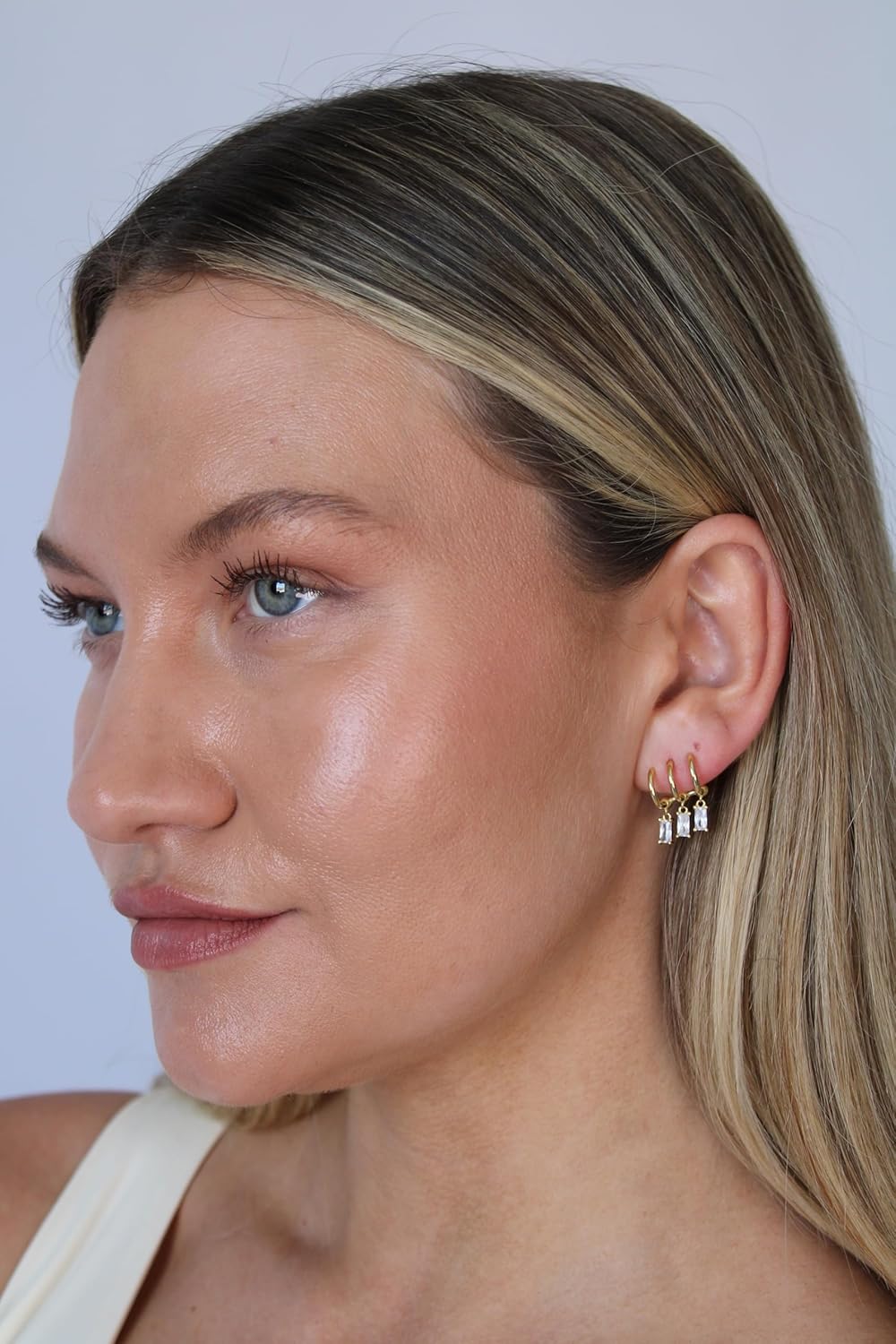 Triple Hoops Earrings with Diamond - 18k Gold Plated Triple Hoop Earrings, Layered Look, Diamond, Earrings for Women - Image 8