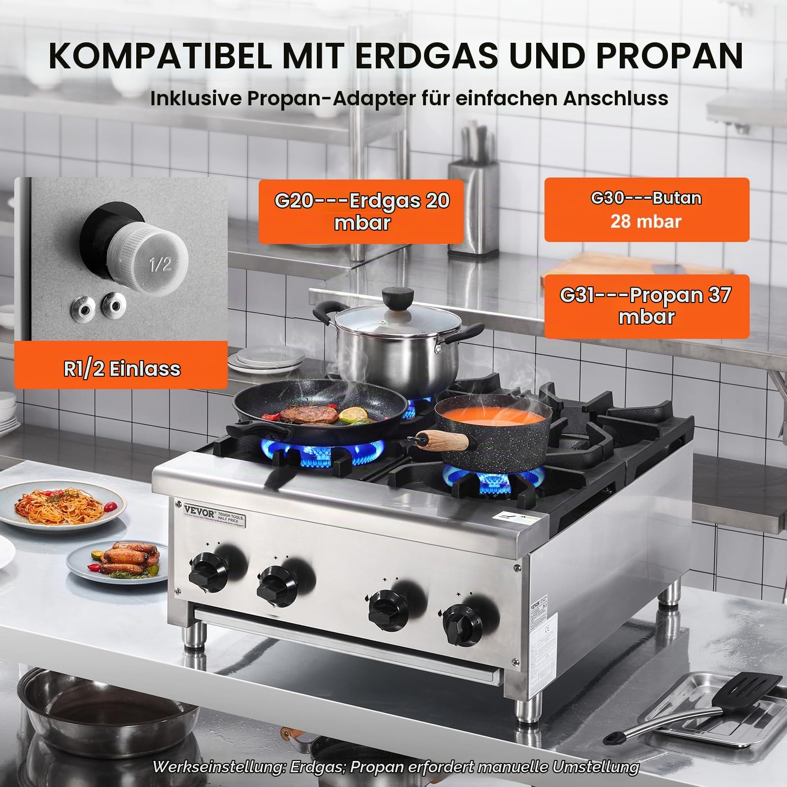 VEVOR Kommerzieller Gasherd Gaskochherd mit 4 Gaskochfelder, Propan/Erdgas-Kochherd Edelstahl-Gaskochplatte, kommerzielles Kochgerät 610 x 775 x 335 mm für Restaurants Hotel Café 28 kW