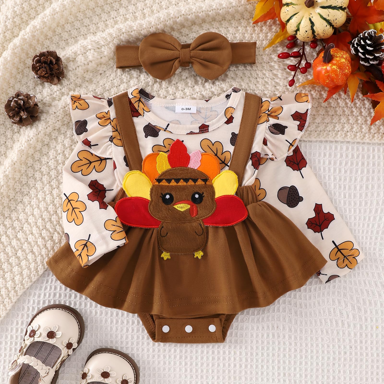 BULINGNA Newborn Baby Girl Thanksgiving Outfit Turkey Embroidery Ruffle Long Sleeve Romper Dress with Headband Fall Winter (Brown, 0-3 Months)