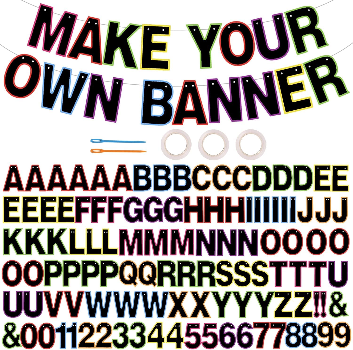 DecoGlee 116 PCS A-Z Glitter Colorful DIY Letter Banner Kit Make Your Own Banner，Including 111 Letters and Numbers 3 Rope and 2 Threading Device,for Birthday Graduation Wedding Halloween Party Decor