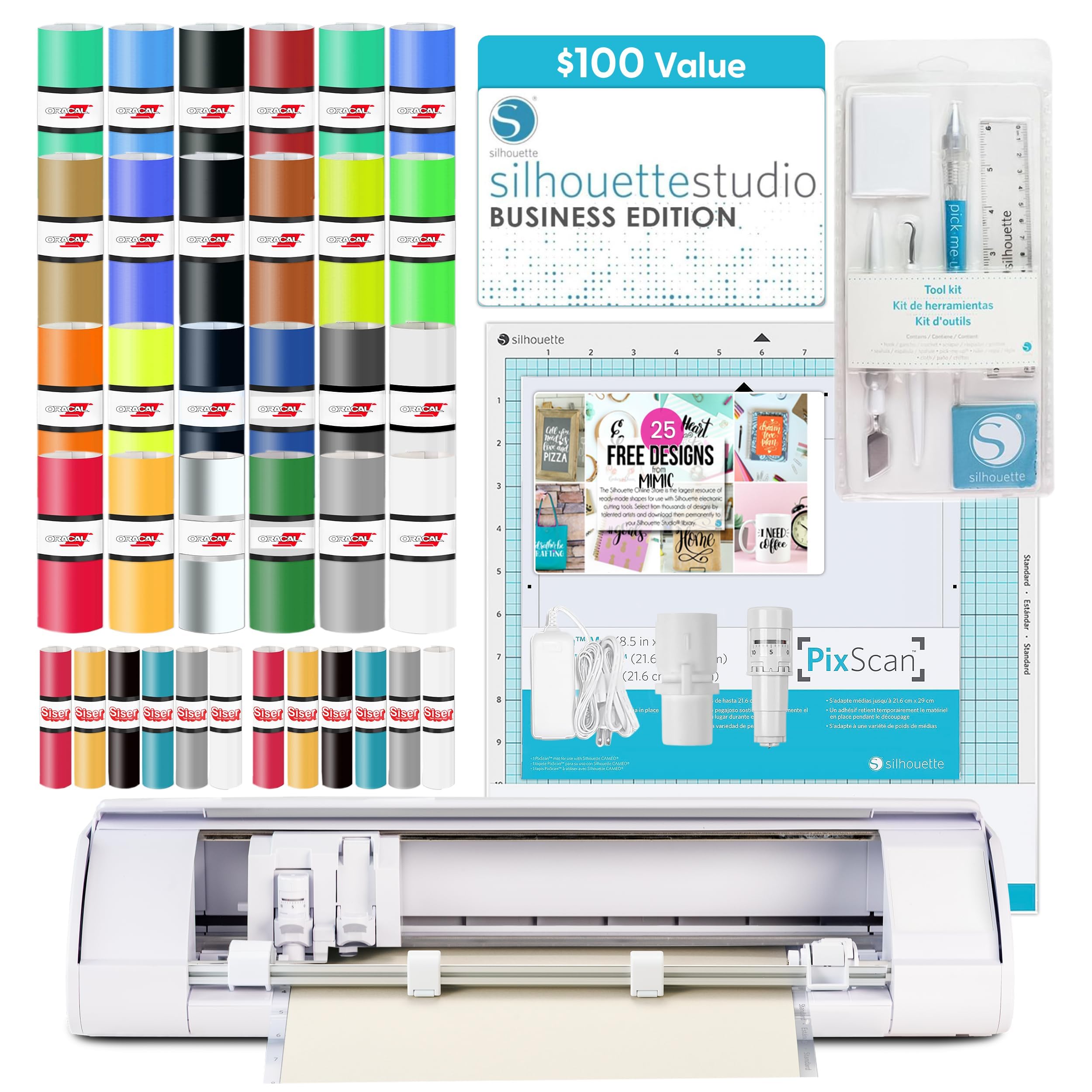 Cameo 5 Alpha (α) Smart Cutting Machine, Classic White (Deluxe Bundle) - Includes Business Edition Software, 12 HTV, 24 Oracal Vinyl Sheets, PixScan Mat, Tool Kit & 25 Free Designs