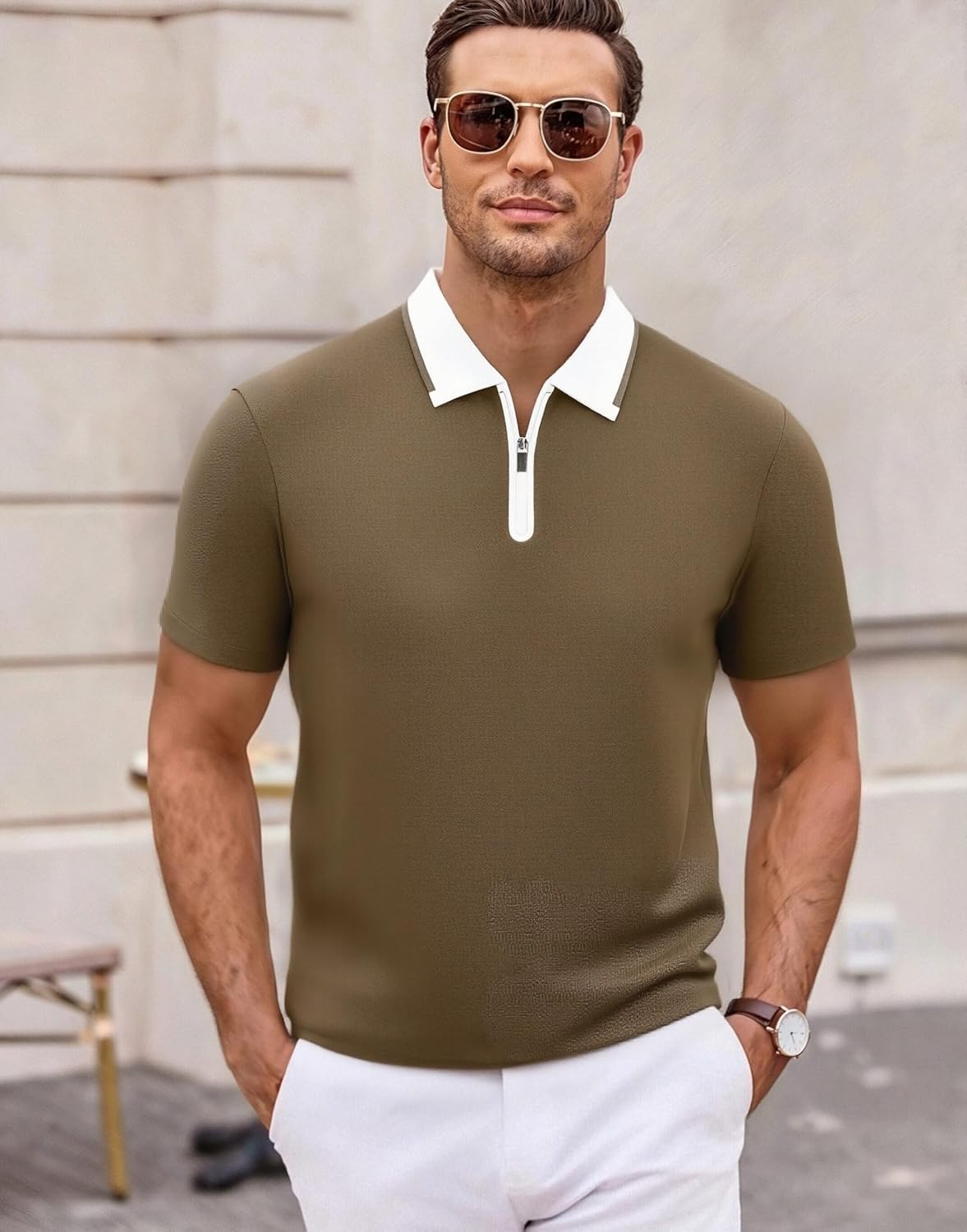 Alex Vando Men’s Golf Shirt Quick Dry Stretch Performance Zip Short Sleeve Polo Shirt