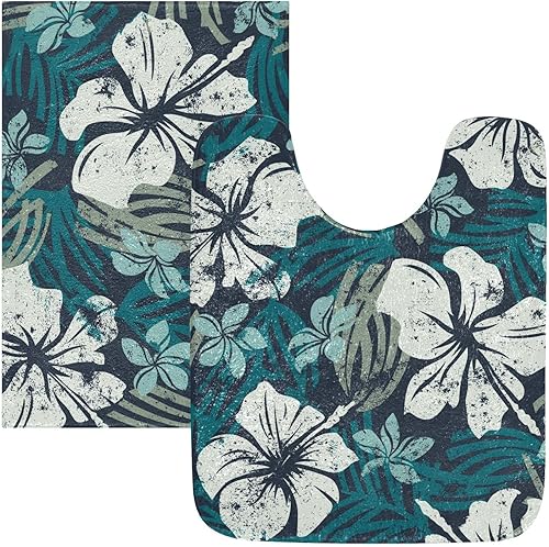 Miniatura 4 de Juego de 2 tapetes de baño con diseño de flores de hibisco grunge, alfombra de baño (16 x 24) para baño y baño