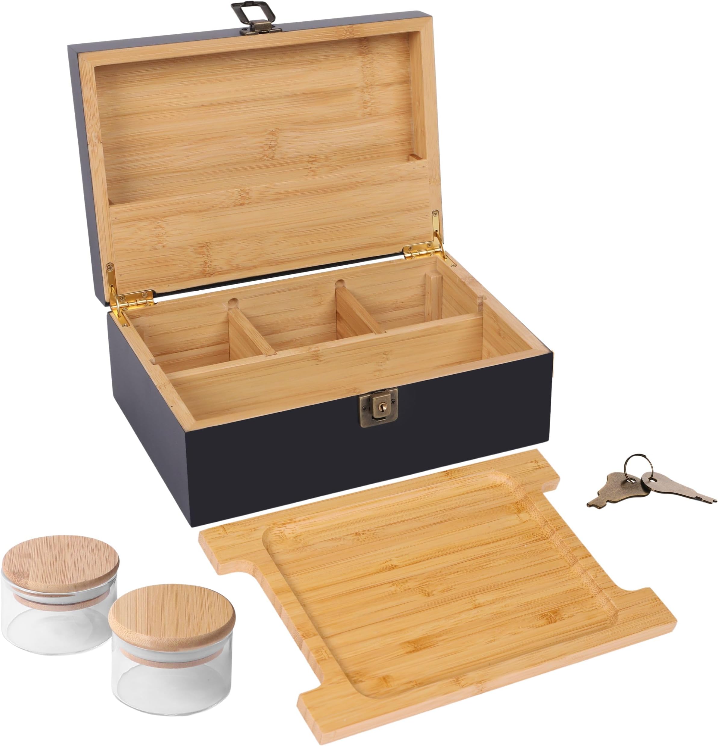 Decorative Black Bamboo Storage Box - Wooden Lockable Container with Large Bamboo Tray, 2 Airtight Jars & Removable Inserts, 2x Keys