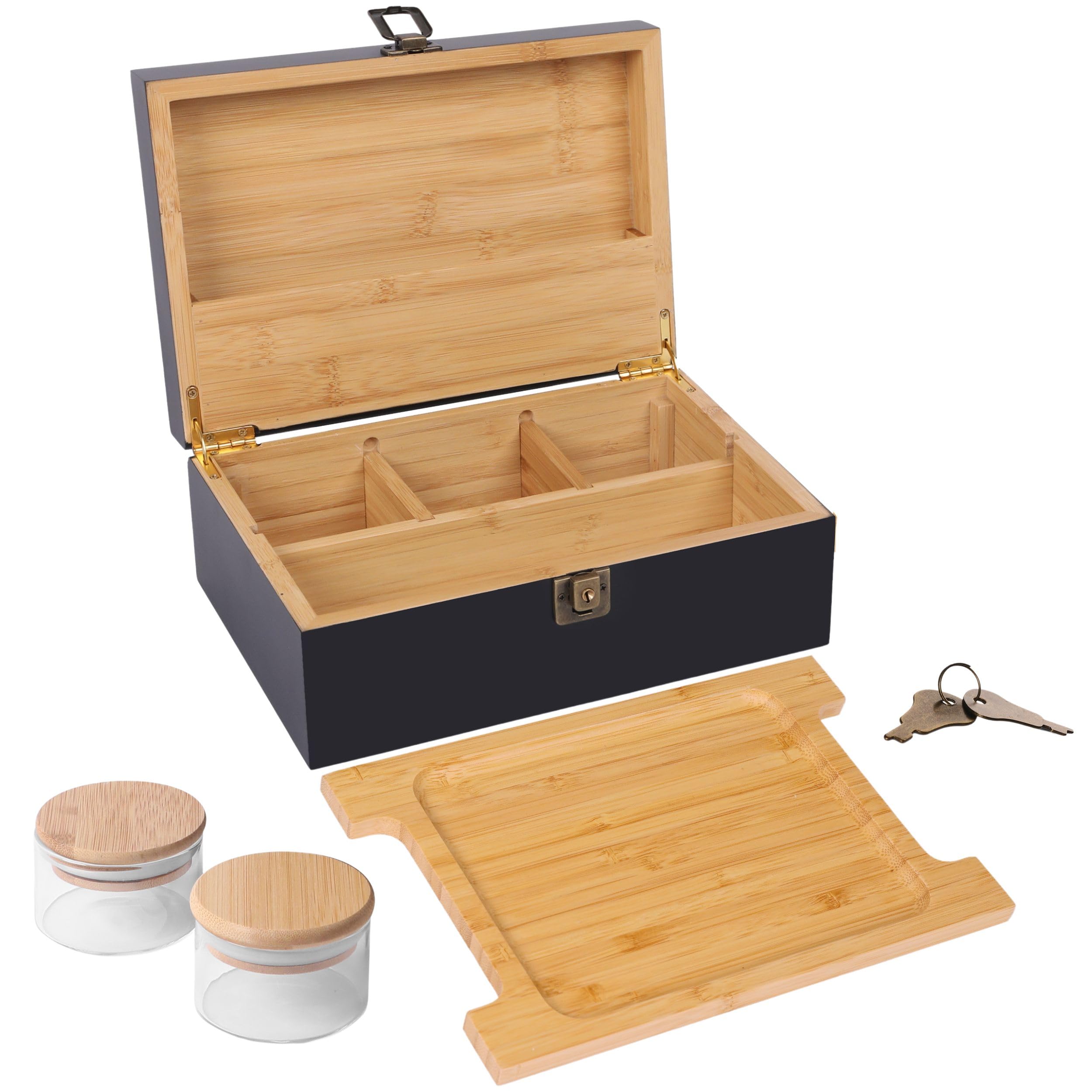 Decorative Black Bamboo Storage Box - Wooden Lockable Container with Large Bamboo Tray, 2 Airtight Jars & Removable Inserts, 2x Keys