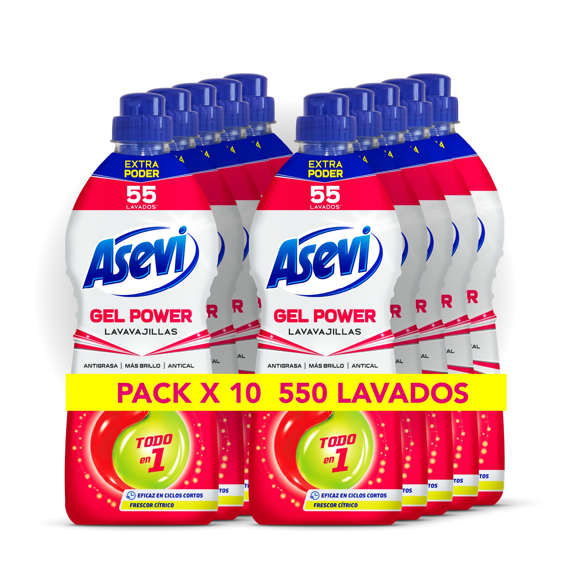 Asevi Lavavajillas Líquido Máquina Gel Power Todo en 1 55 Lavados Pack 10