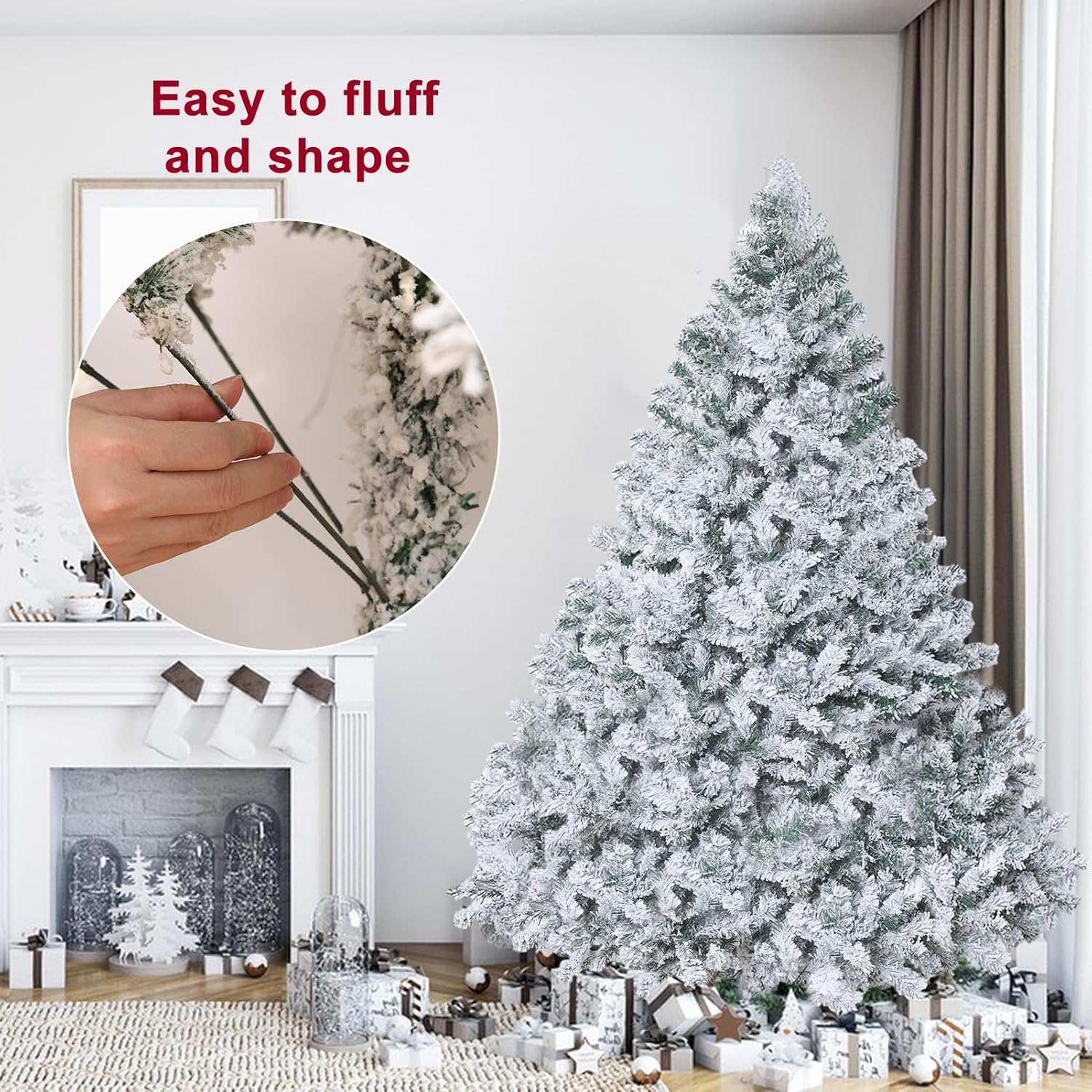 6.9FT Artificial Snow Flocked Christmas Tree, Snowy Hinged Pine Tree Artificial Premium PVC Needles/Solid Metal Stand, Xmas Full Trees for Indoor and Outdoor Holiday Decor Trees for Home (6.9FT)