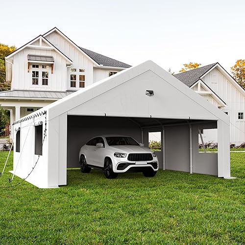 20x20 Carport, Heavy Duty Carport Canopy Garage with Removable Sidewalls and Drive Through Roll Up Zipper Doors, White