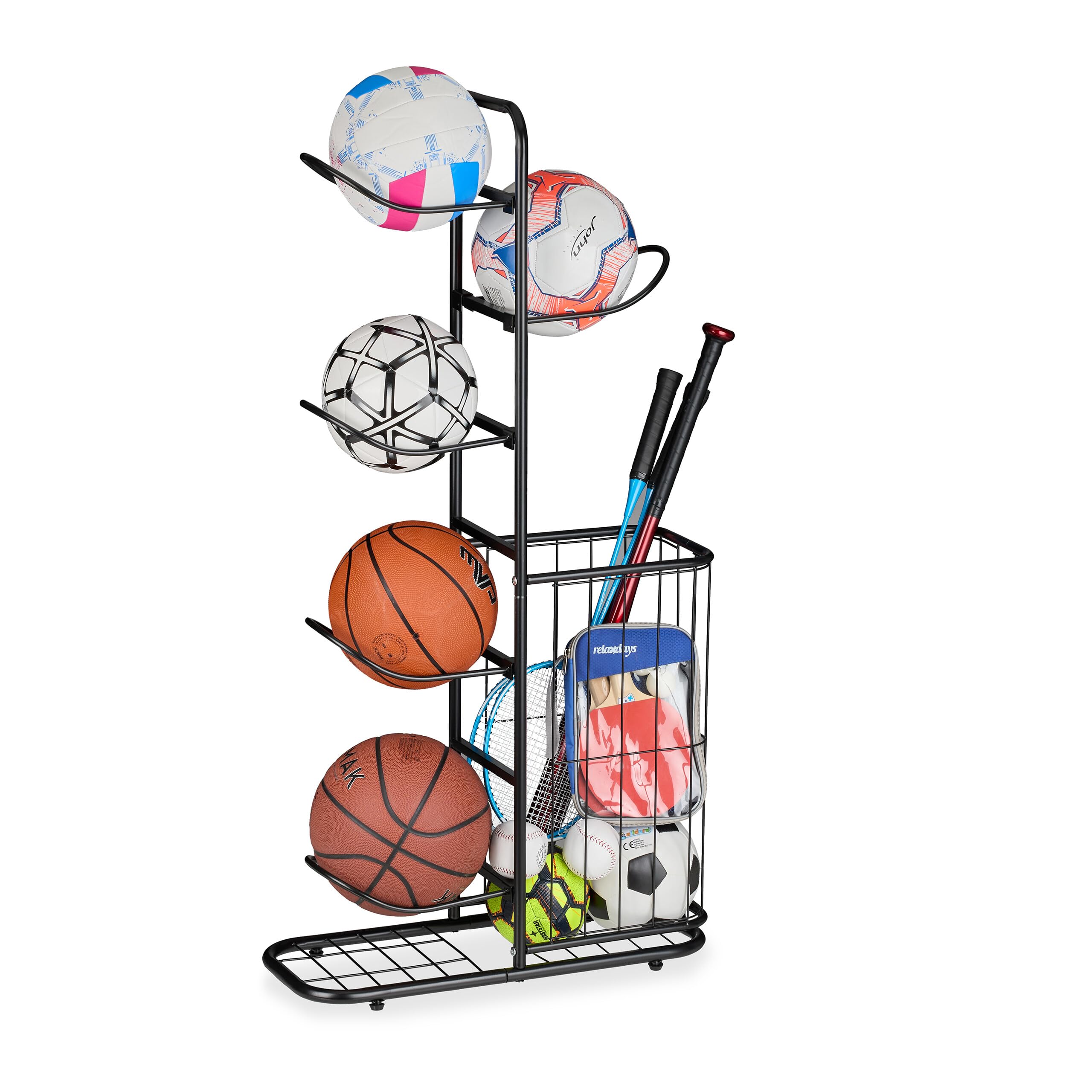 Relaxdays Scaffale per Attrezzatura Sportiva in Acciaio, Ceste per Palloni da Basket, Calcio, Pallavolo, Racchette, Nero