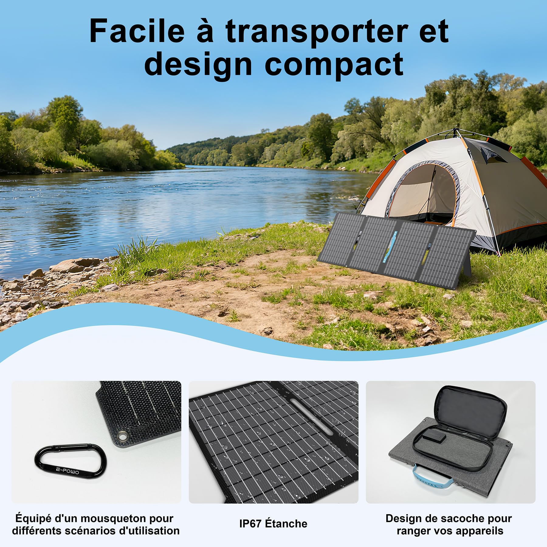 Panneau Solaire 60W, Monocristallin Chargeur Panneau Solaire Portable, Rendement 24%, étanche IP67, 3 sorties (USB-C PD, QC3.0, DC) pour iPhone, iPad, Samsung, centrale électrique, Voyage