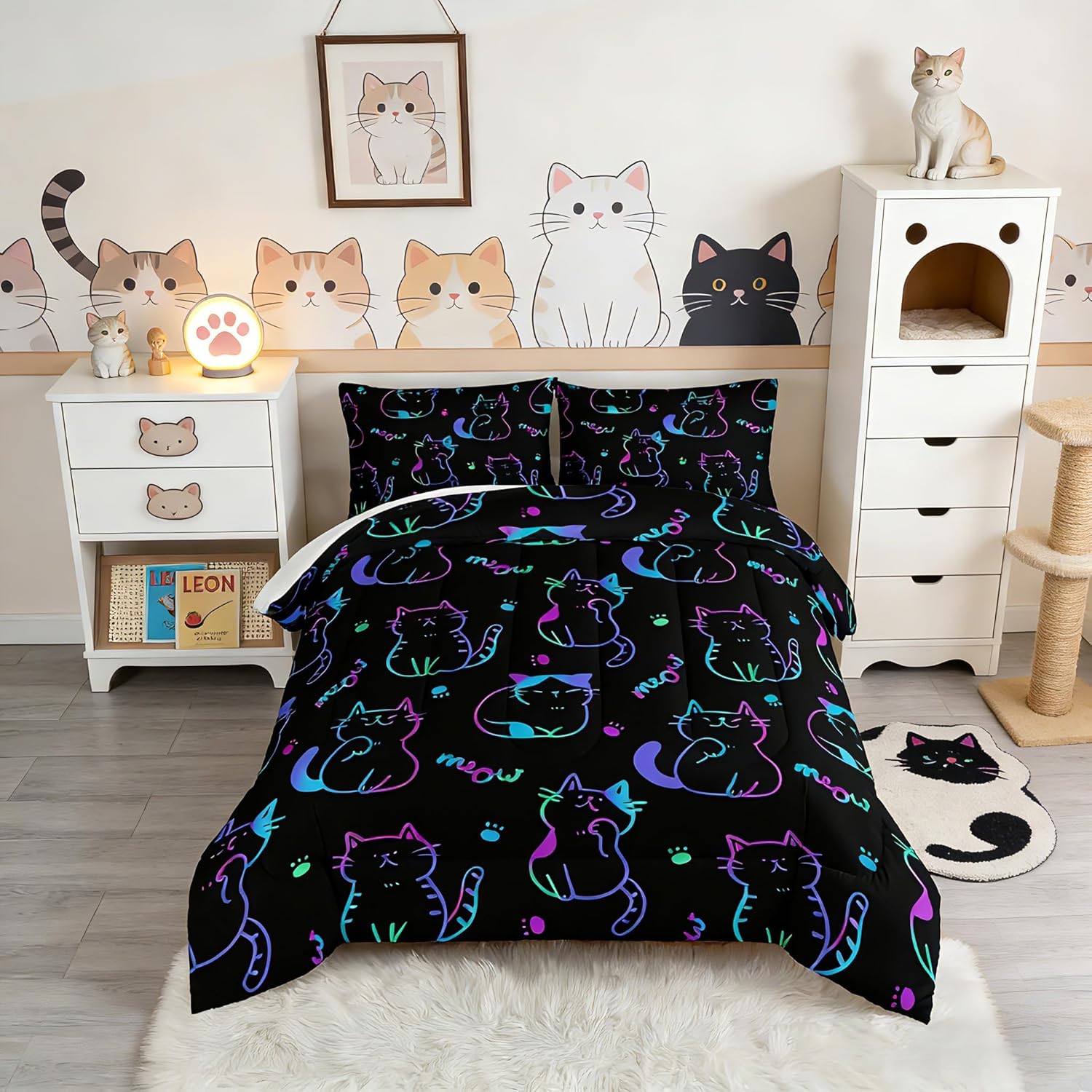 3D Neon Cat Kids Comforter Set,Gradient Line Cat Toddler Comforters Twin Size for Teens Kids Boys Girls Room Decoration,Black Kawaii Bedding Sets with 2 Pillowcases.
