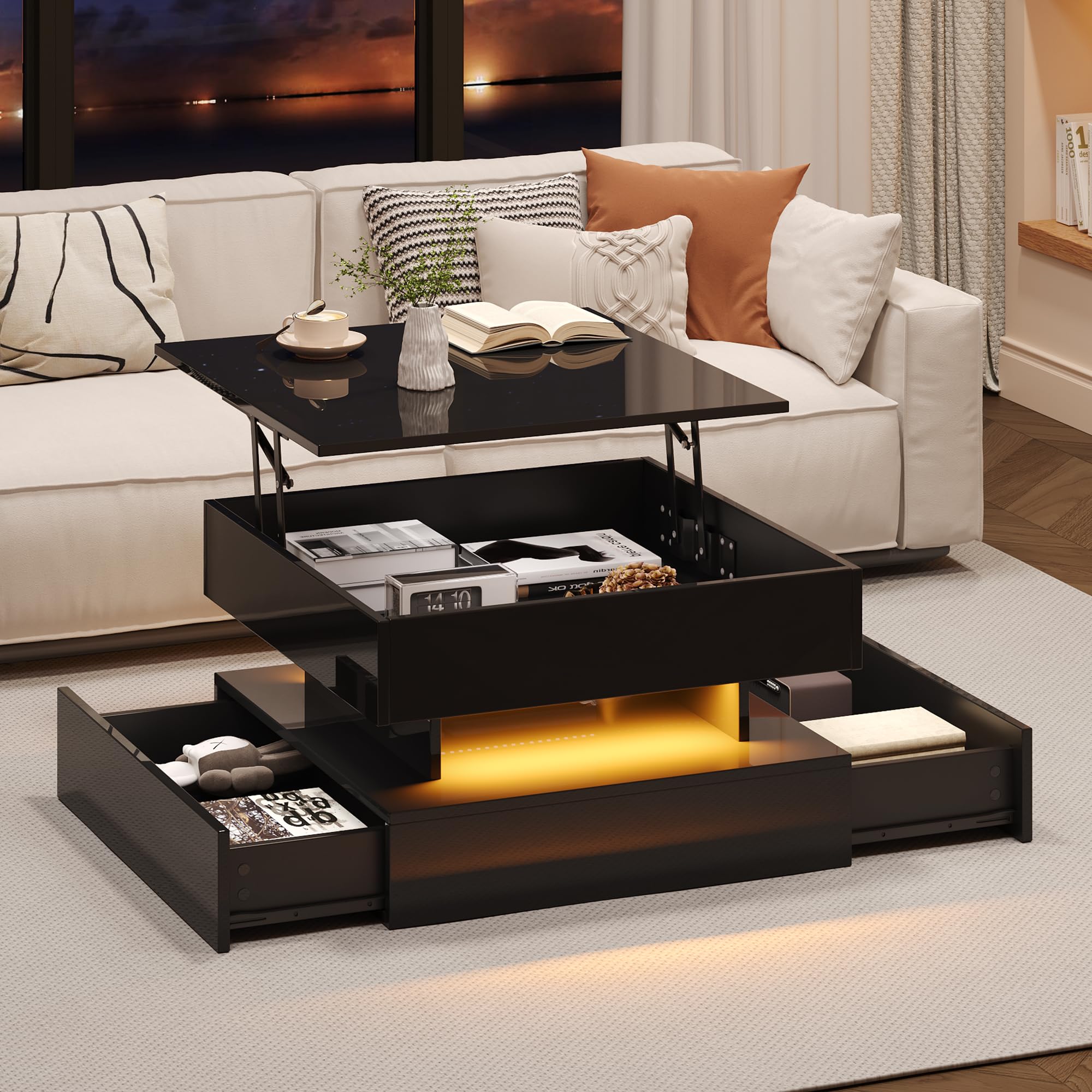 65 x 65 x 38,5 cm elevable mesa de salón auxiliar, mesa de centro brillante con barra de luz LED, mesa de sofá con 2 cajones, color negro