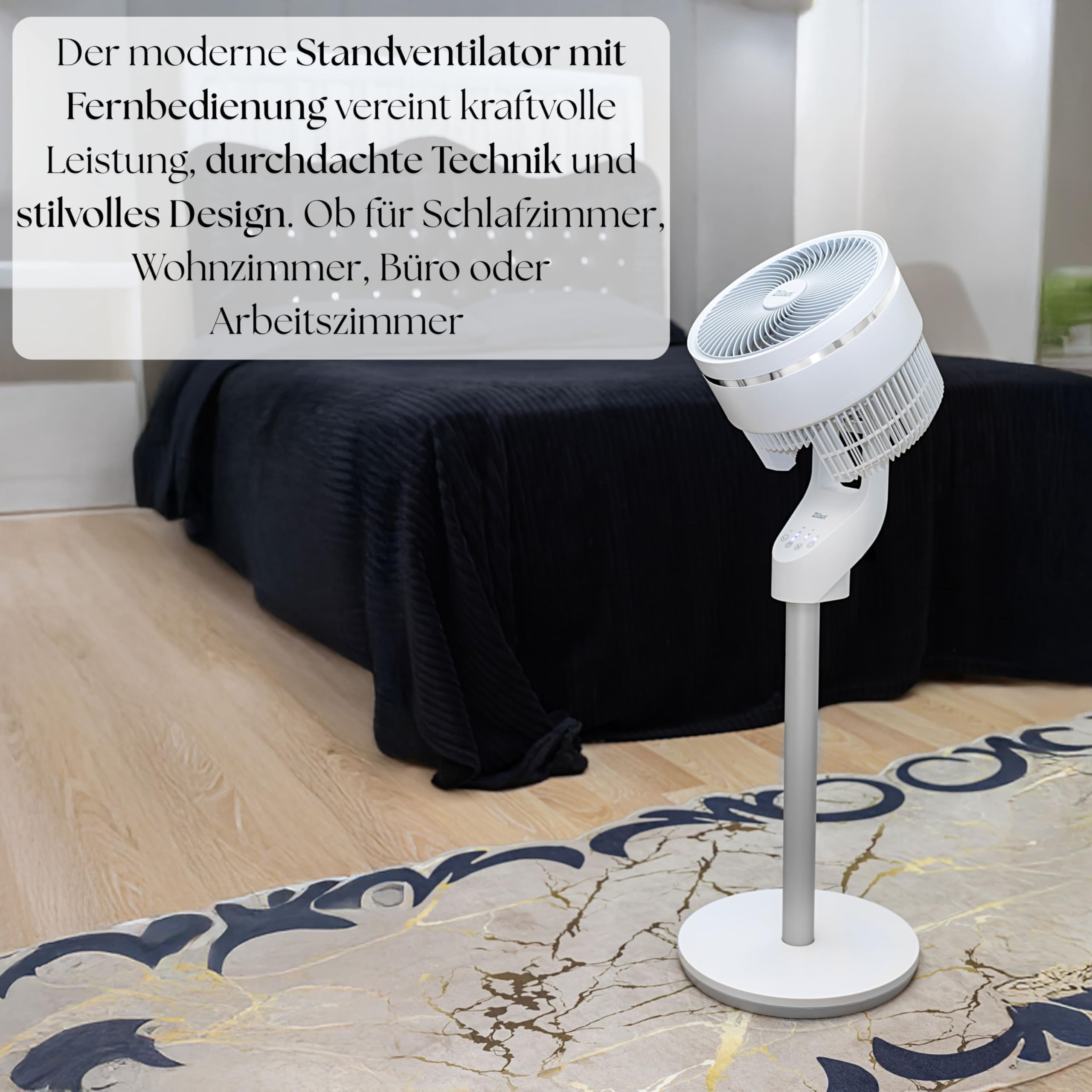 Zilan Standventilator leise mit Fernbedienung kraftvoller Ventilator mit Timer 60W energiesparend 3 Stufen hoher Luftdurchsatz oszillierend Bodenventilator Aircooler Standlüfter (Weiß mit FB)