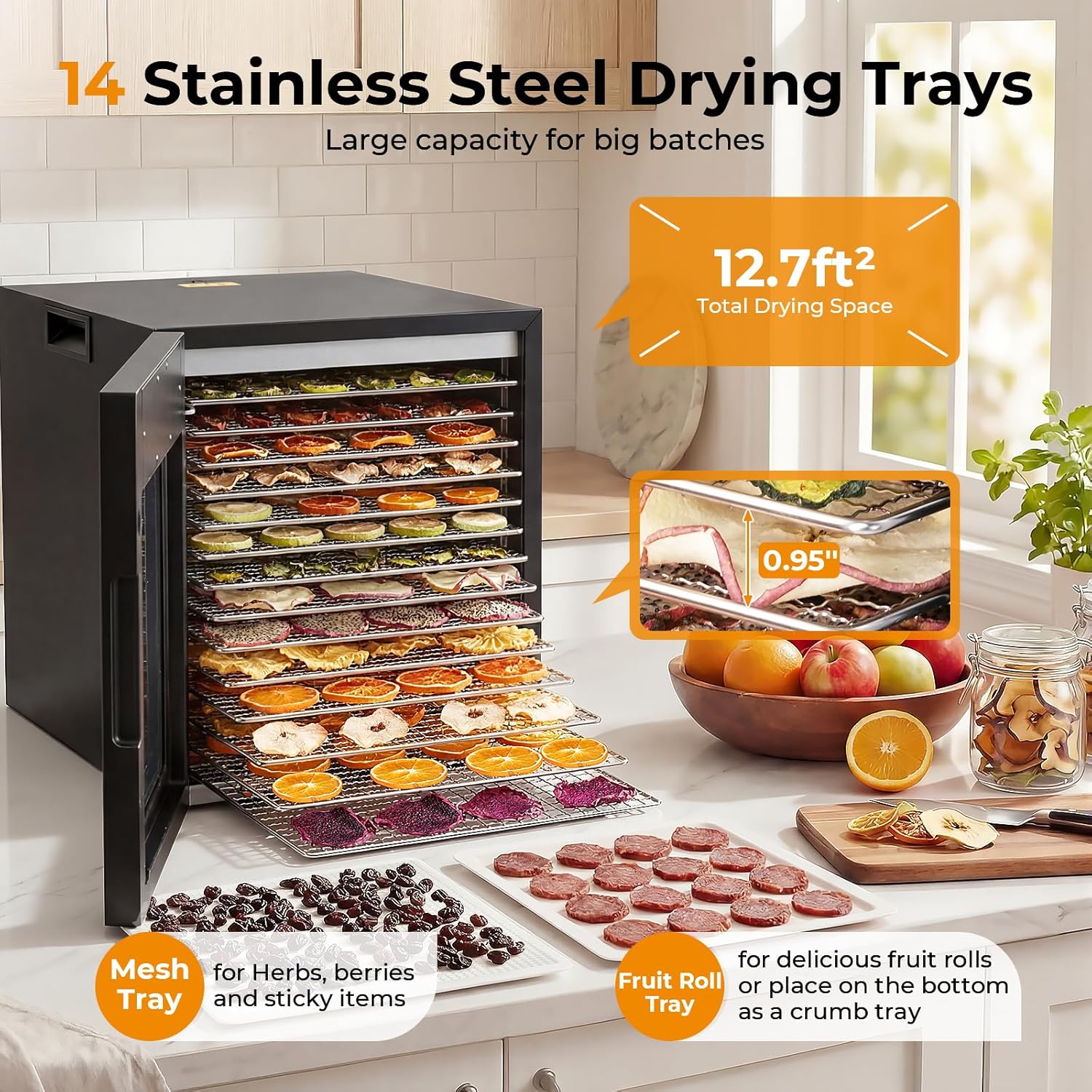 Homdox Food Dehydrator for Jerky & Fruit, 14 Stainless Steel Trays, 850W Food Dryer with 10 Presets, 48H Timer & 167°F Temperature Control, Dehydrator Machine for Herbs, Meat, Dog Treats