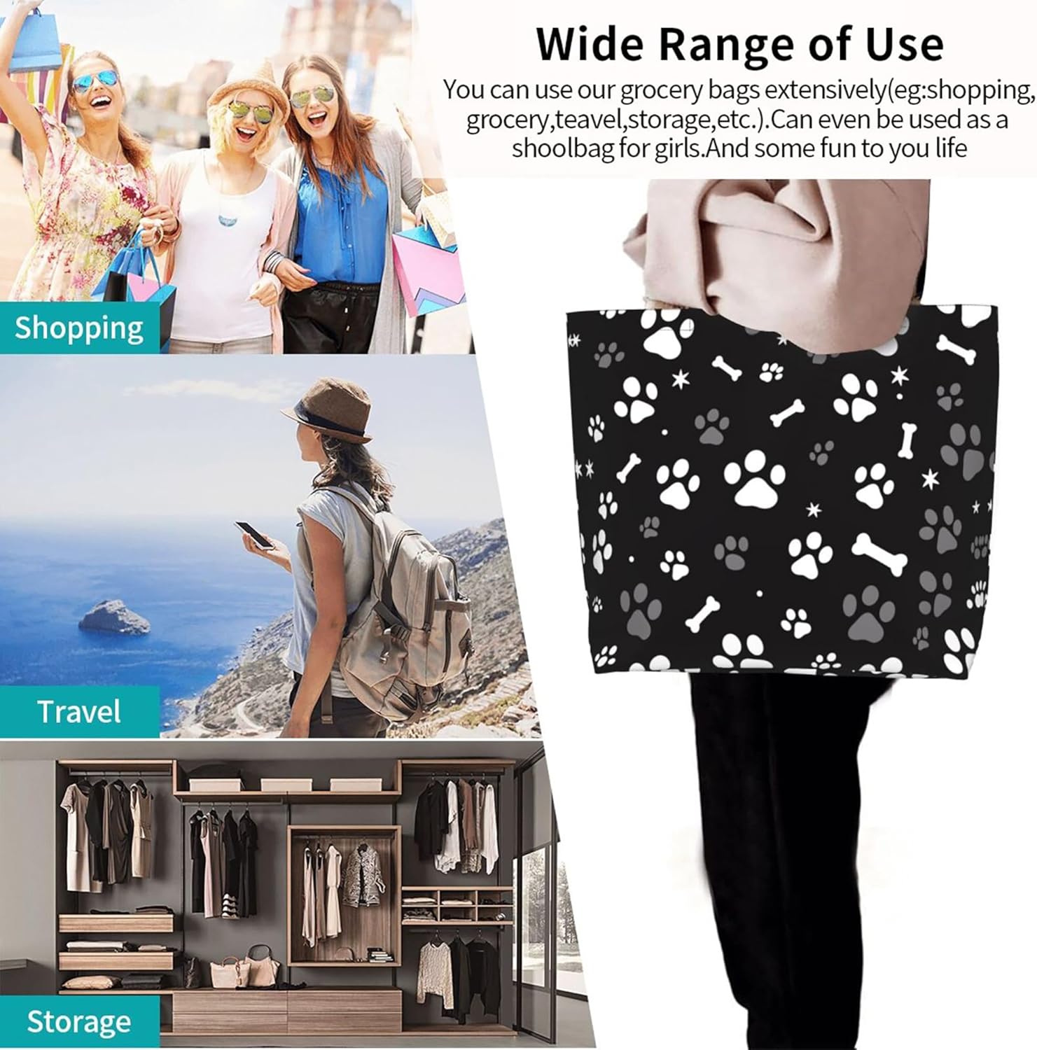 Women's Zipper Large Beach Tote, Cute Dog Design, Reusable for Travel, Work, Shopping - Image 5