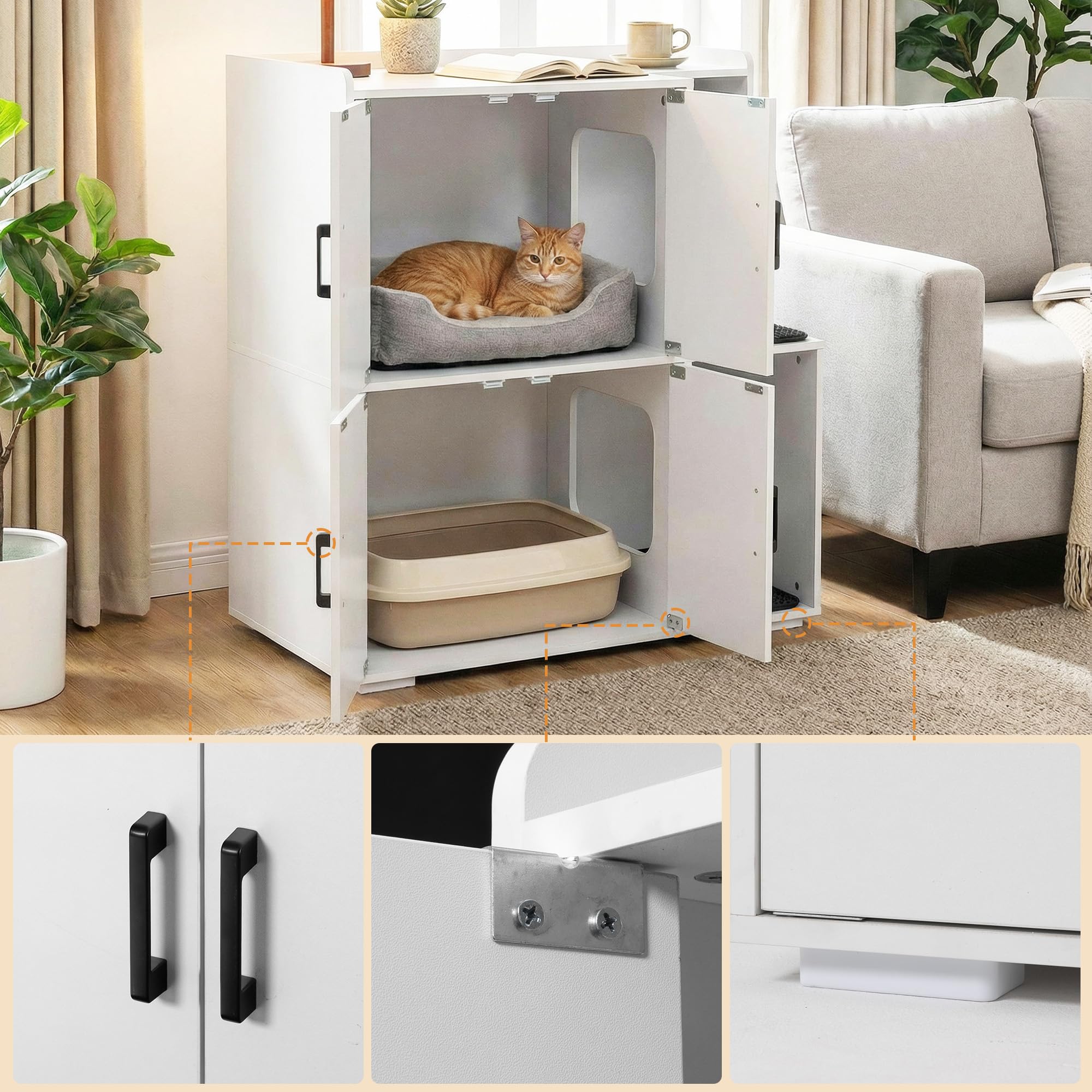 Katzenklo Schrank für 2 Katzen, Katzentoilette Schrank Zweistöckiger, Katzenklo Haus, Katzenhöhle Holz, mit Zwei Katzenstreu-Matten, 80 x 46.5 x 91.5 cm, Weiß
