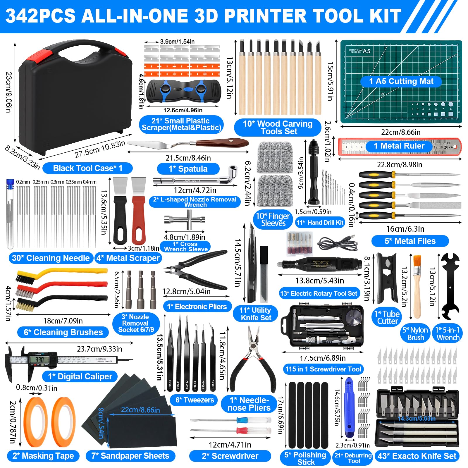 Kit de 342 herramientas de impresora 3D, accesorios de impresión 3D con herramienta de limpieza, herramienta de desbarbado, alicates, alfombrilla de corte, pinzas, regla y otros accesorios de