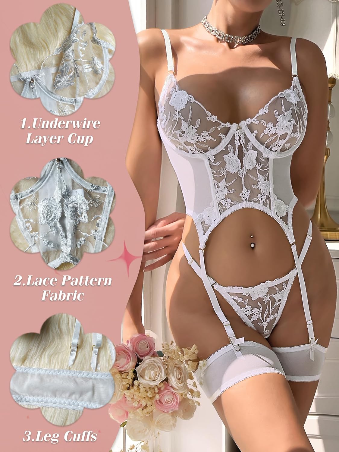 Sexy Lingerie Sets for Women Classy,Lace Womens Corset Teddy Lingerie 3 Piece with Garter Belt - Image 3
