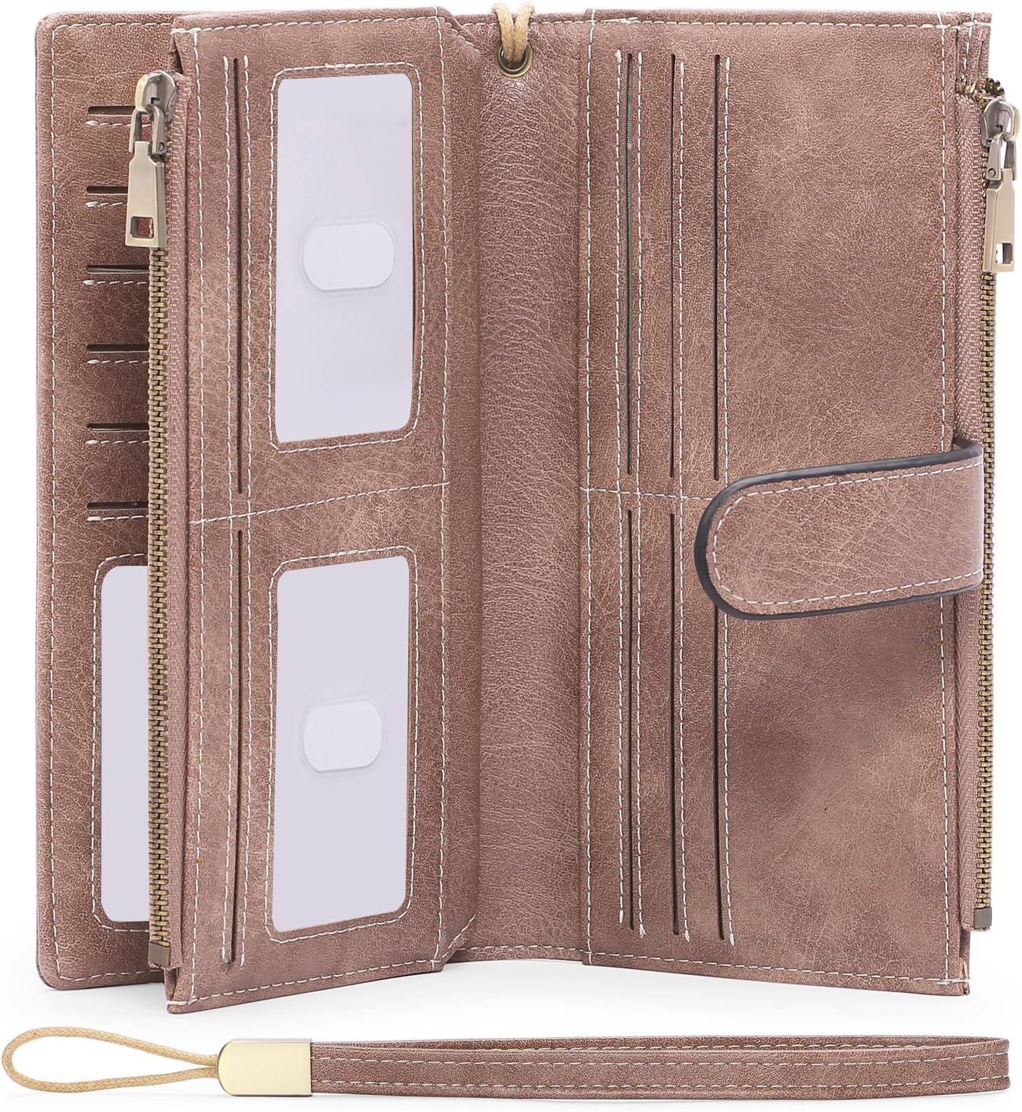 Women's Wallet RFID Blocking Trifold Long Clutch Purse Ladies Wallets Vegan Leather Card Holder with Zipper Coin Pocket, A01-Dusty Pink, Classic