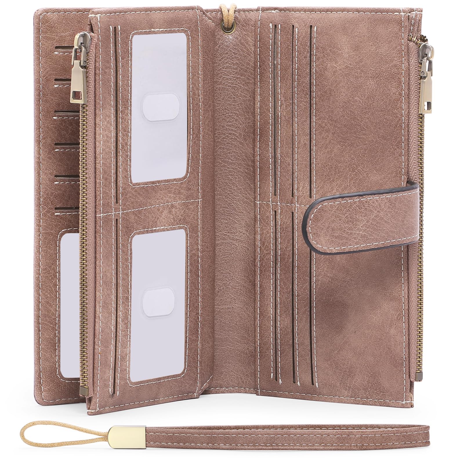 GOIACII Women's Wallet RFID Blocking Trifold Long Clutch Purse Ladies Wallets Vegan Leather Card Holder with Zipper Coin Pocket, A01-Dusty Pink, Classic