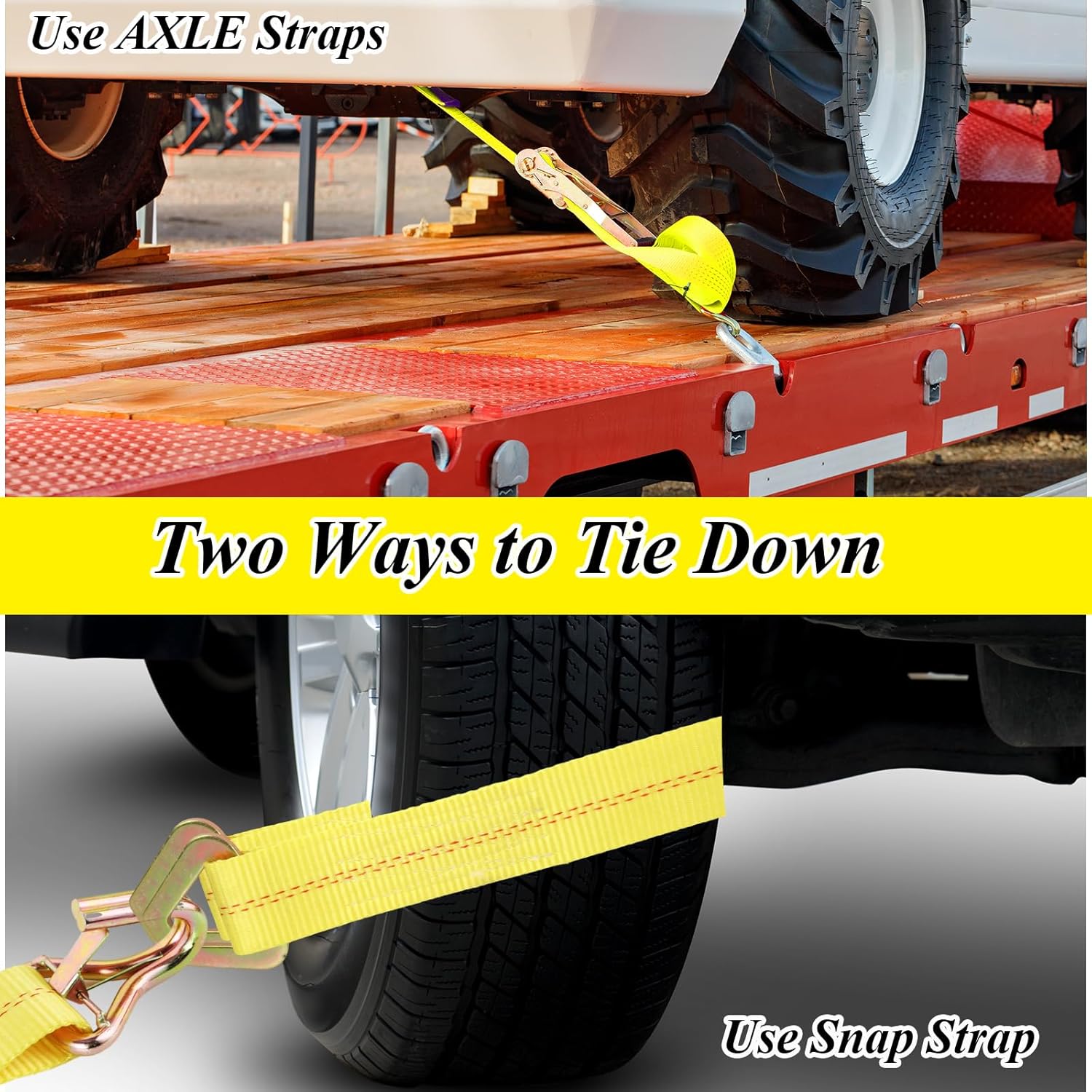 4 Pack Car Tie Down Straps for Trailers with J Hooks, 2" x 10' Heavy Duty Ratchet Straps with 2" x 36'' Axle Straps, 10,000lbs Break Strength Truck Strap for Car, Truck, UTV Transport, Yellow - Image 7