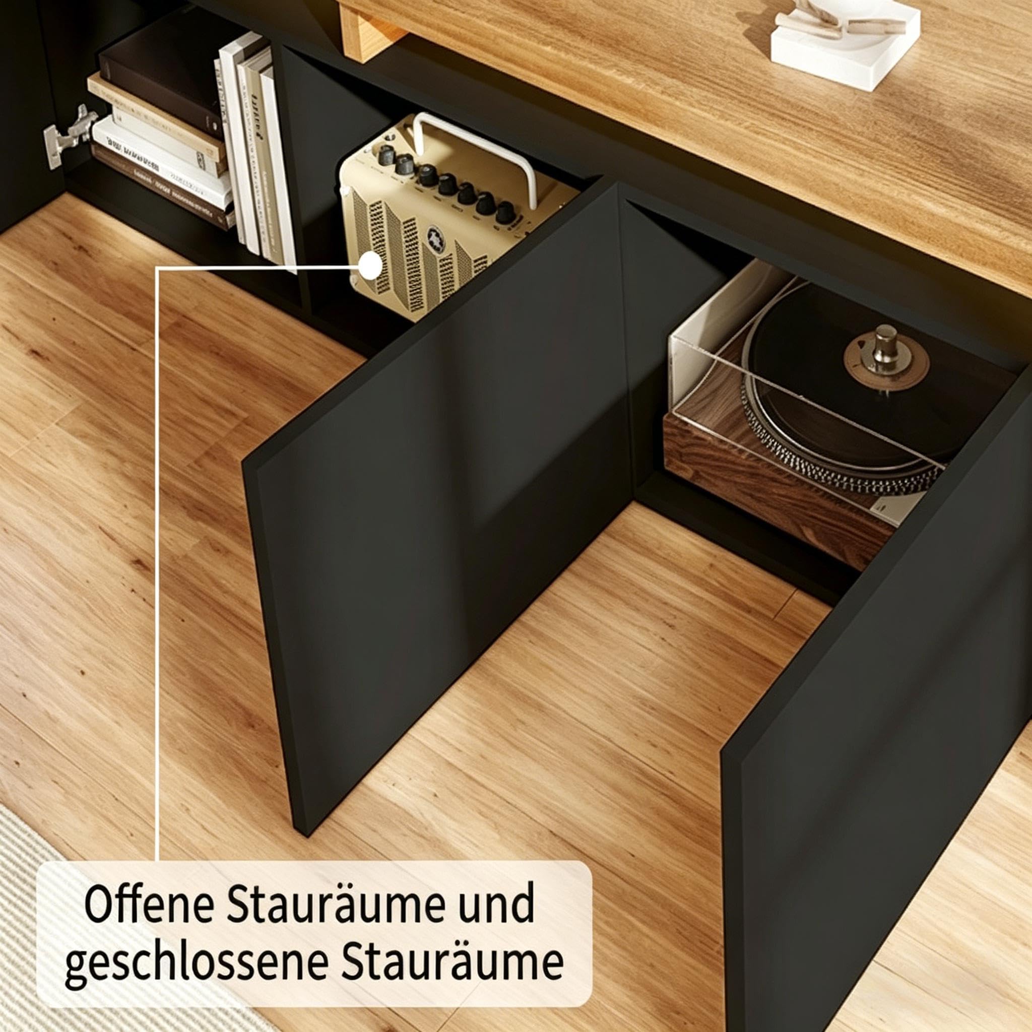 Mueble de TV Modular con Iluminación LED, Mueble de TV Moderno con 3 Puertas y 2 Estantes Abiertos de Vidrio, Mueble Bajo para TV Armario de Almacenamiento Elegante para Salón (Negro-3, 200x39x42)