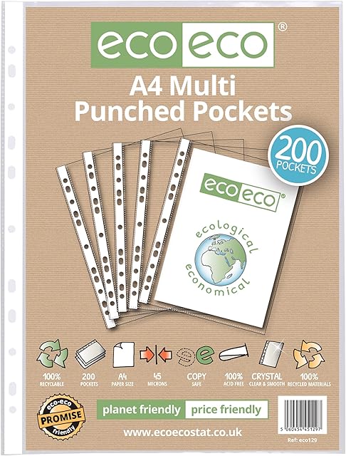 eco-eco A4 100% Recycled Multi Punched Pockets Glass Clear, Transparent Poly Wallet Sheet Protector, 45 Microns, 200 Wallets, eco129, 200 Pockets