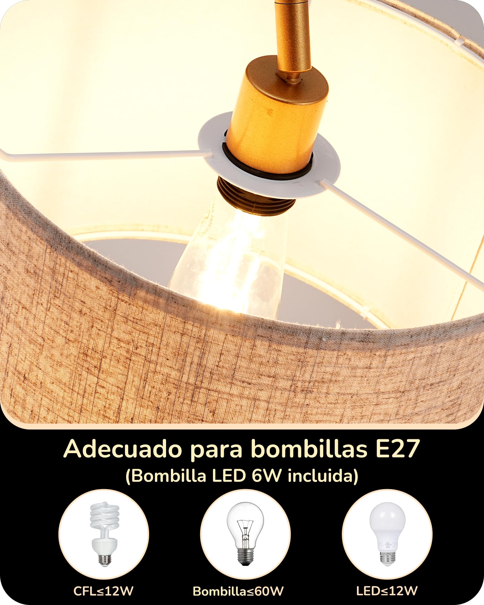 EDISHINE Lámpara de Pie Arco 161cm Pantalla de Lino Beige E27 con Bombilla LED Ajustable Dorado